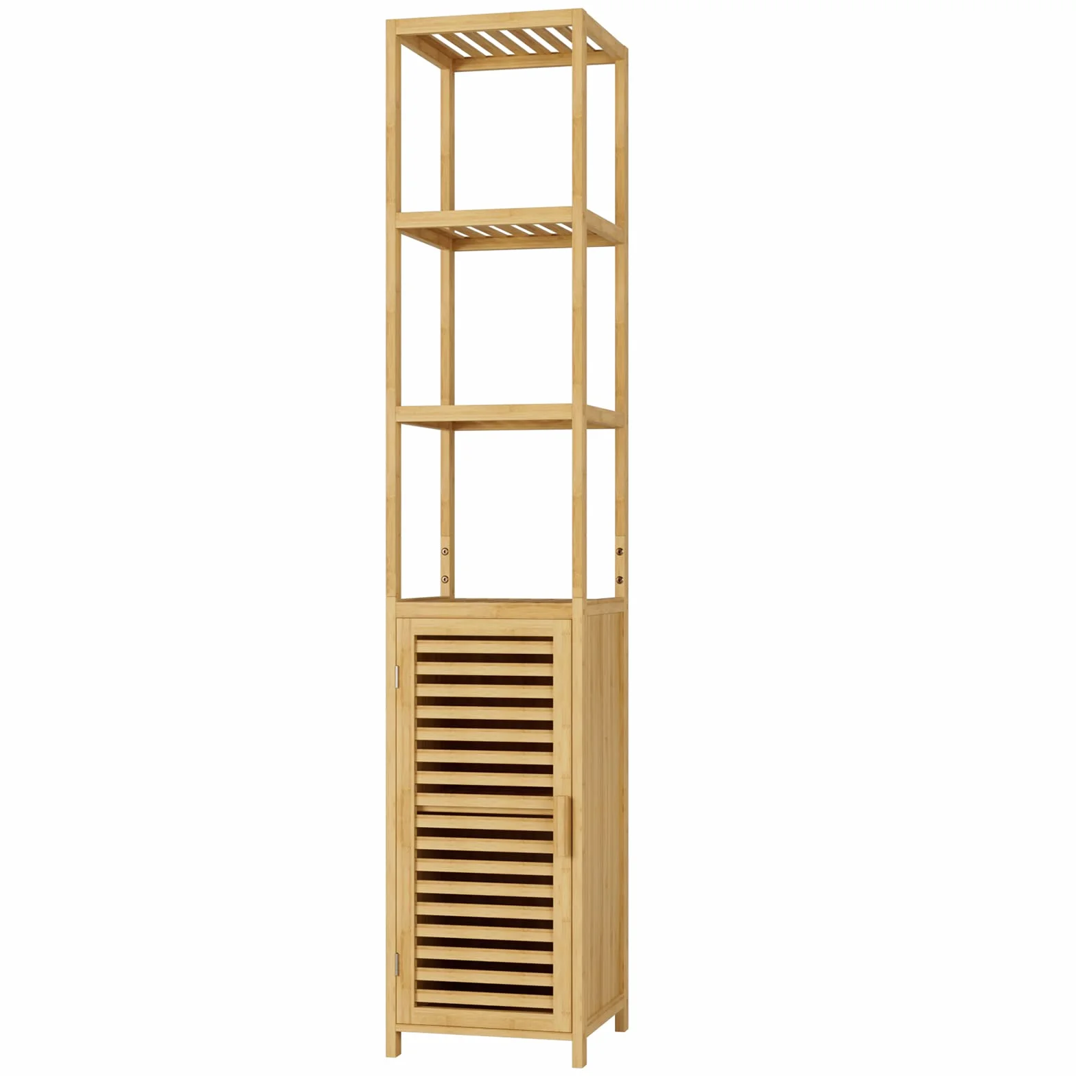 FOREHILL Wysoka szafka łazienkowa, szafka łazienkowa do przechowywania, bambusowa półka stojąca, smukła szafka z 3 otwartymi półkami i drzwiami 33x34x169cm (Naturalna)