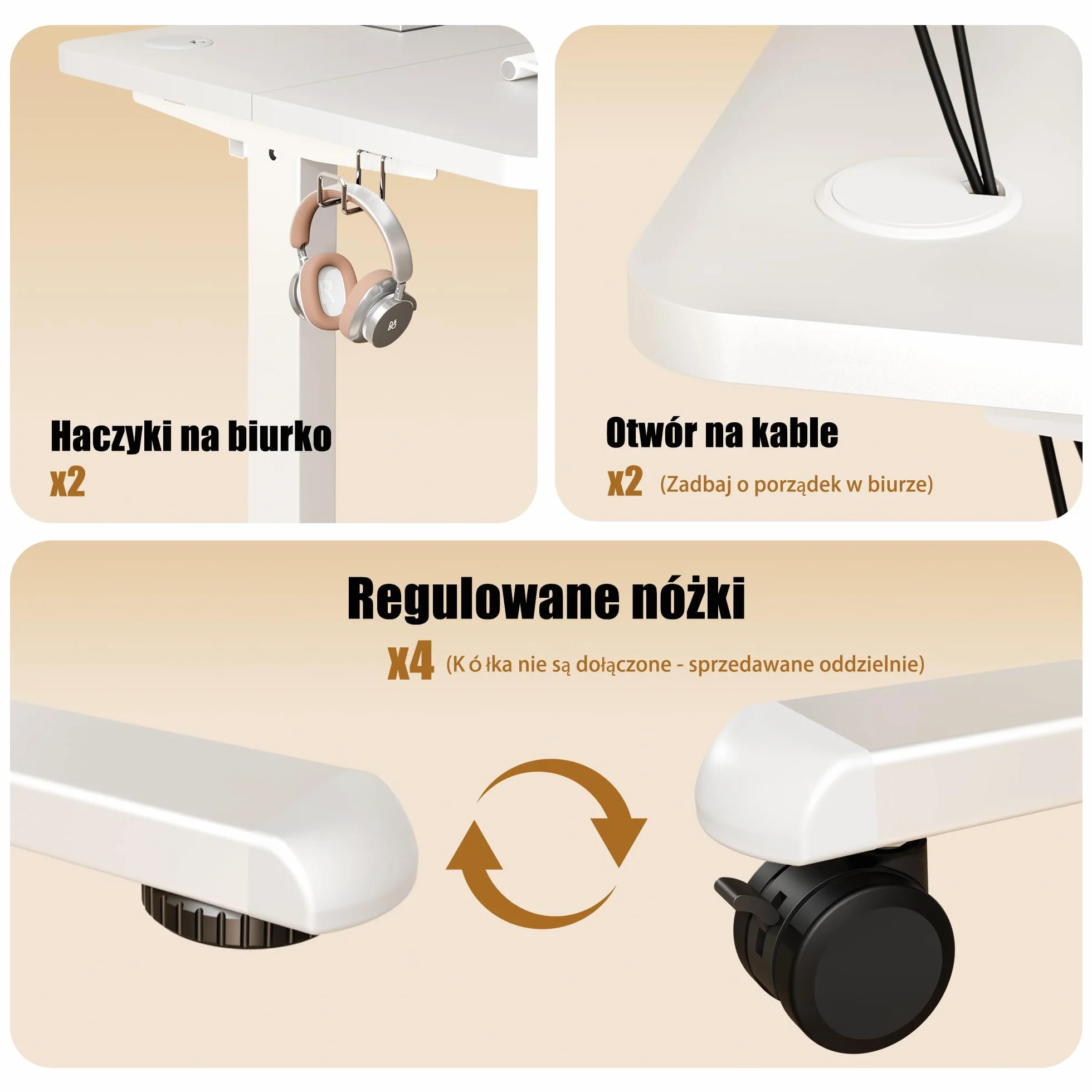ERGOMAKER Biurko Stojące 80 x 60 cm, Elektryczne z Regulacją Wysokości i 2 Pamięciami, z Hakami, Blatem Splicowanym, do Pracy na Stojąco i Siedząco (Biały)