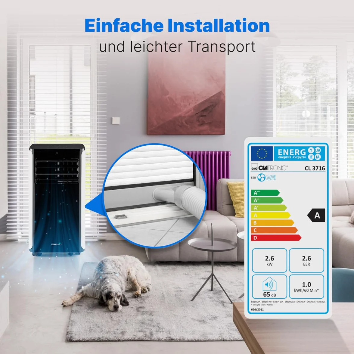 Clatronic CL 3716 mobilny klimatyzator, moc chłodzenia 9000 BTU do dużych pomieszczeń, w zestawie zestaw okienny do uszczelniania, sterowanie Wi-Fi, Voice Control Amazon za pośrednictwem Alexa + Google Assistant, 1050 W, 240 V