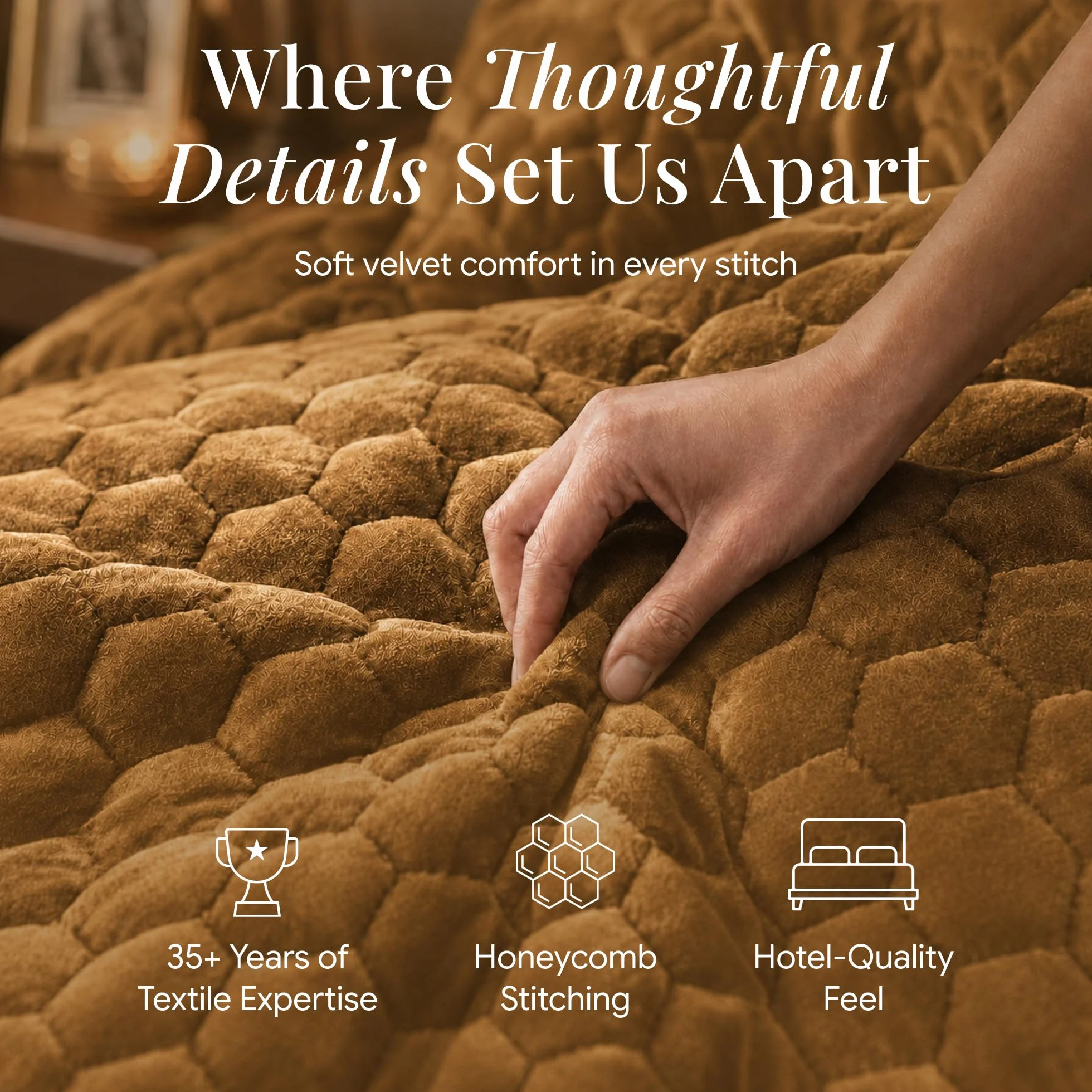 Tribeca Living Velvet Twin Quilt, Two-Piece Honeycomb Stitch Bedding Set Includes One Oversized Quilt & Sham Pillowcase, 260GSM Super Soft Velvet, Lugano/Camel