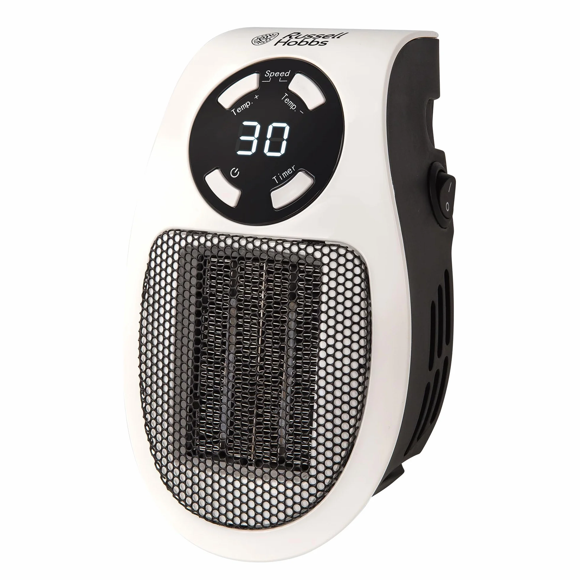Russell Hobbs RHPH2001 ceramiczny podgrzewacz do gniazdek 500 W, regulowany termostat, 12-godzinny timer i wyświetlacz LED, 2 prędkości wentylatora, kolor biały