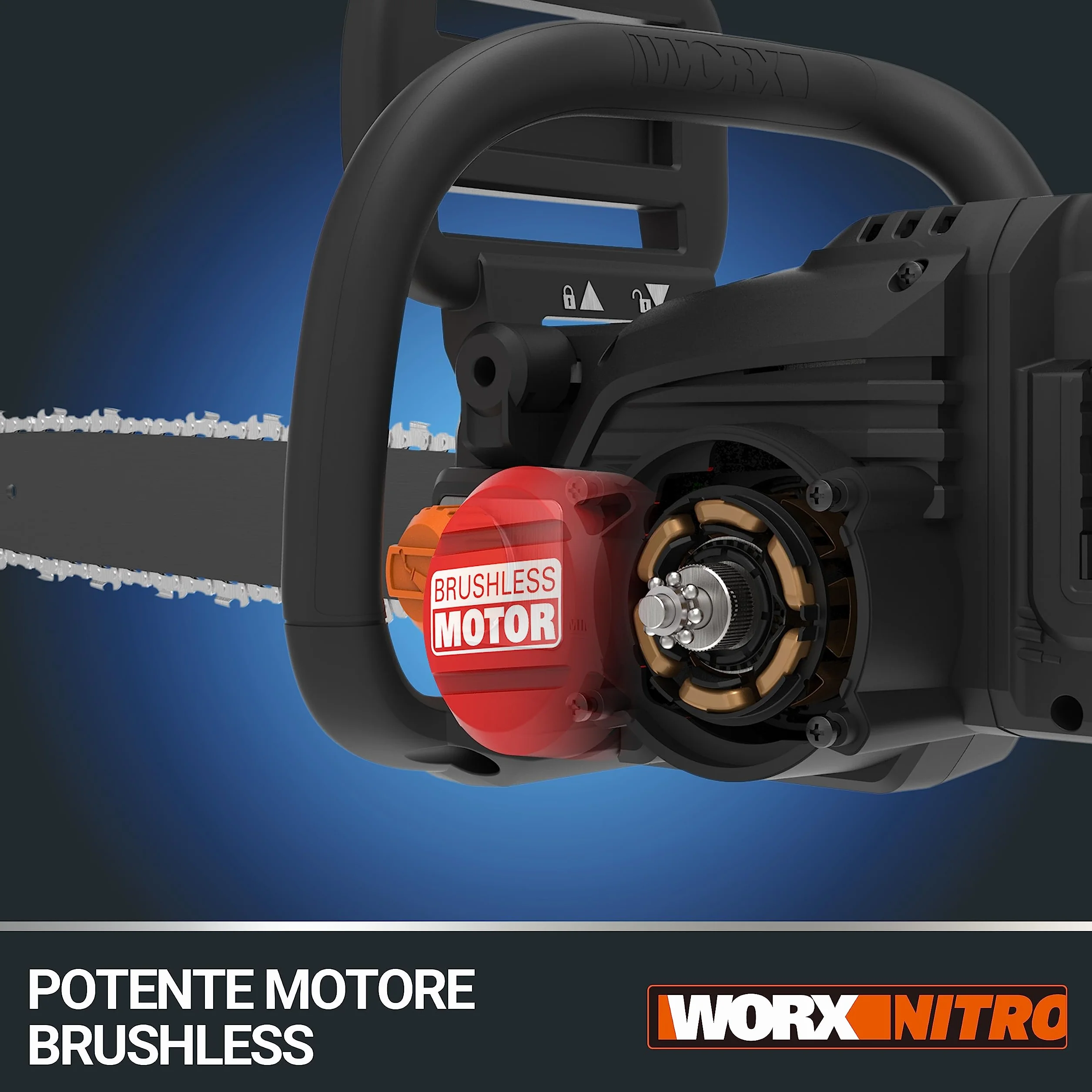 WORX Piła łańcuchowa Nitro 40V (2x20V) | PowerShare | WG385E.9 | Nie obejmuje baterii i ładowarki | Silnik bezszczotkowy | Miecz 40 cm | Hamulec łańcucha i automatyczne smarowanie