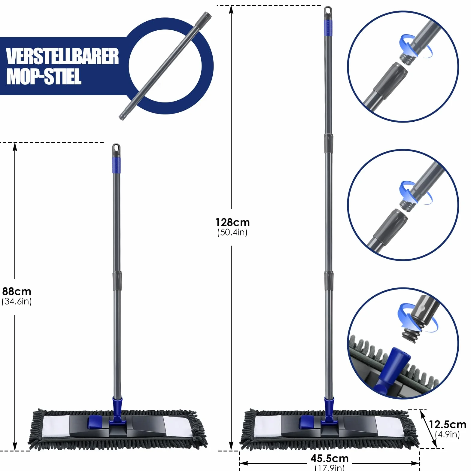 Myiosus Mop podłogowy, mop, obrót o 360°, z uchwytem teleskopowym 128 cm, płaski mop z 4 podkładkami, mop z mikrofibry do twardego drewna, laminatu, płytek, szybkie usuwanie