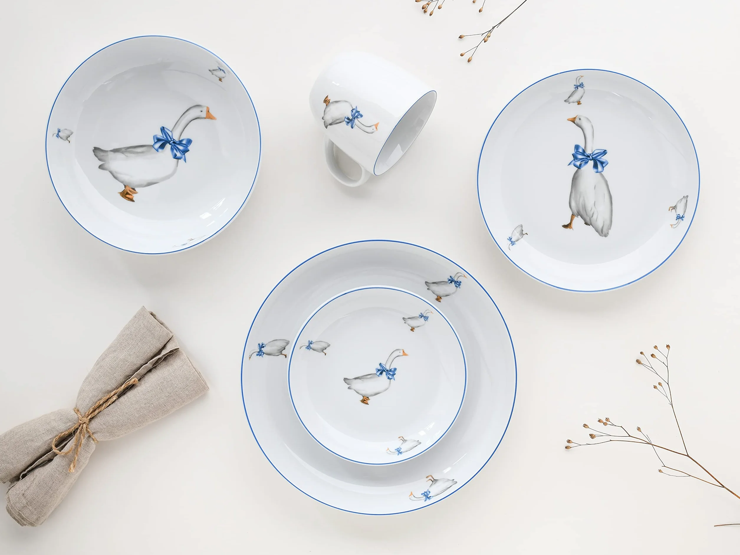 CreaTable 10-częściowy zestaw naczyń porcelanowy seria Gänse Glück do zmywarki i mikrofali