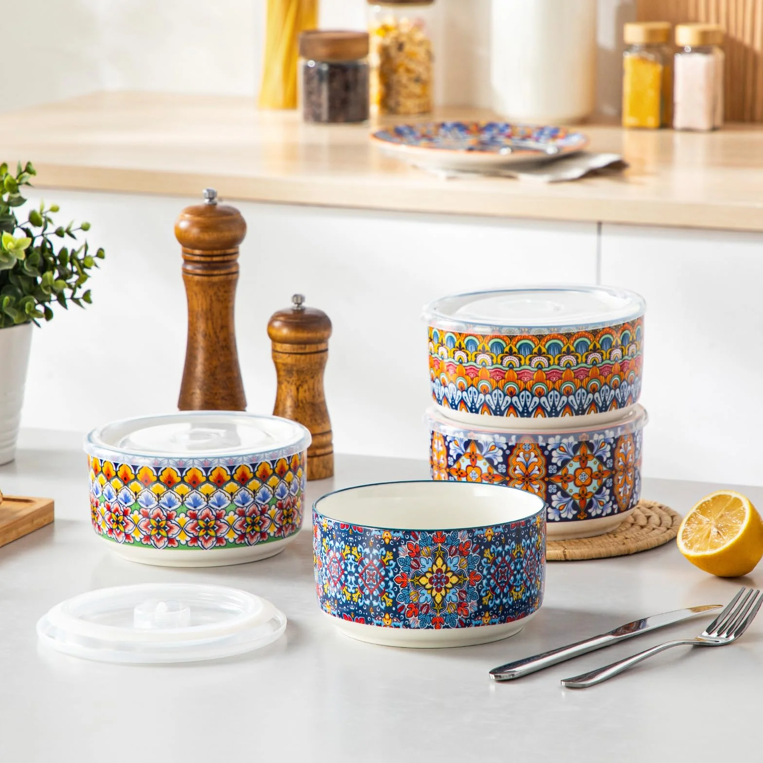 Vancasso Ceramiczne miski z pokrywkami zestaw 4 sztuk pojemniki do przechowywania żywności