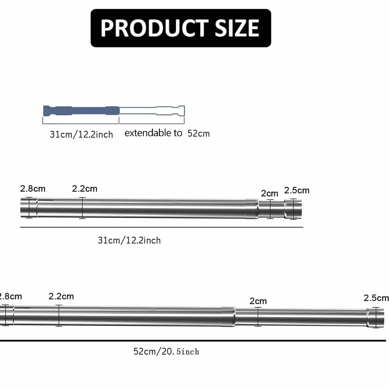 Regulowany drążek do szafy ze stali nierdzewnej, wysuwany 31-51 cm