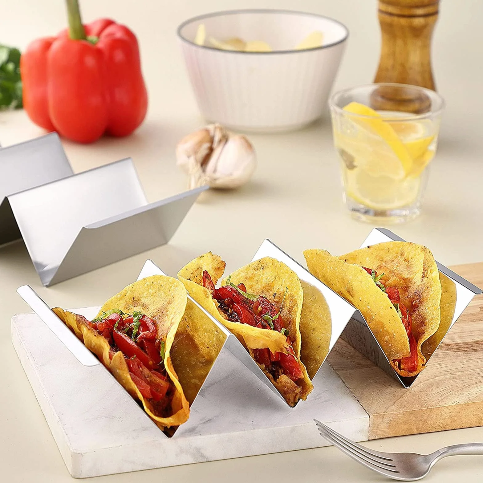 2 uchwyty taco ze stali nierdzewnej, stojak do taco w kształcie fali, nadaje się do mycia w zmywarce, uchwyt na hotdog, z uchwytami, do tacos, kanapek i hot dogów, srebrny