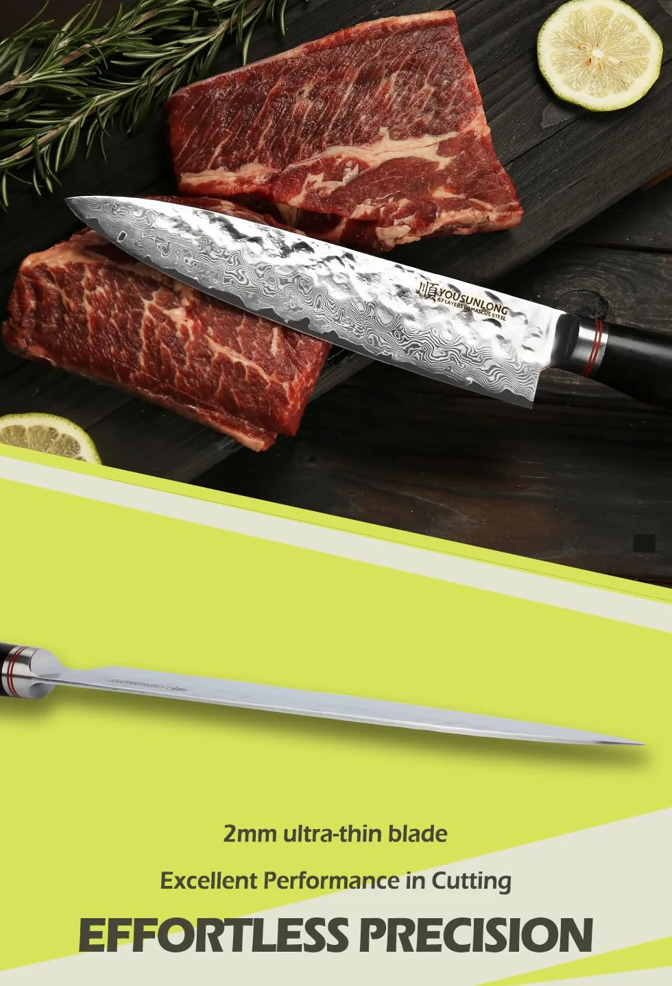 YOUSUNLONG Nóż szefa kuchni 20 cm Gyuto japoński VG10 młotkowany uchwyt z naturalnego drewna hebanowego ze skórzaną pochwą