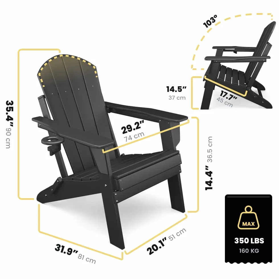 Adirondack Folding Chair for Garden, Patio or Deck - Arm Rests and Cup Holder - Lightweight, Weatherproof - Stylish, Durable Outdoor Furniture for Fire Pit, Beach, Poolside, Porch (Black)