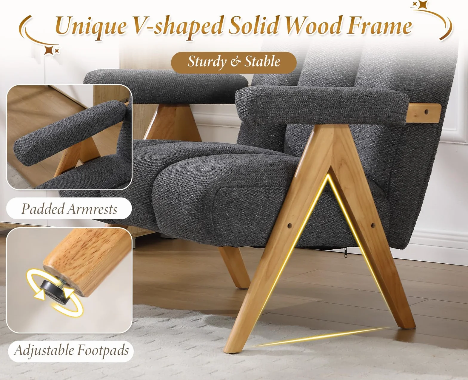 chairus Krzesło Modern Chenille do salonu, fotel akcentowy z litej drewnianej nóżkami, wygodne krzesło wypoczynkowe z podłokietnikami, tapicerowana kanapa jednoosobowa do sypialni, szary