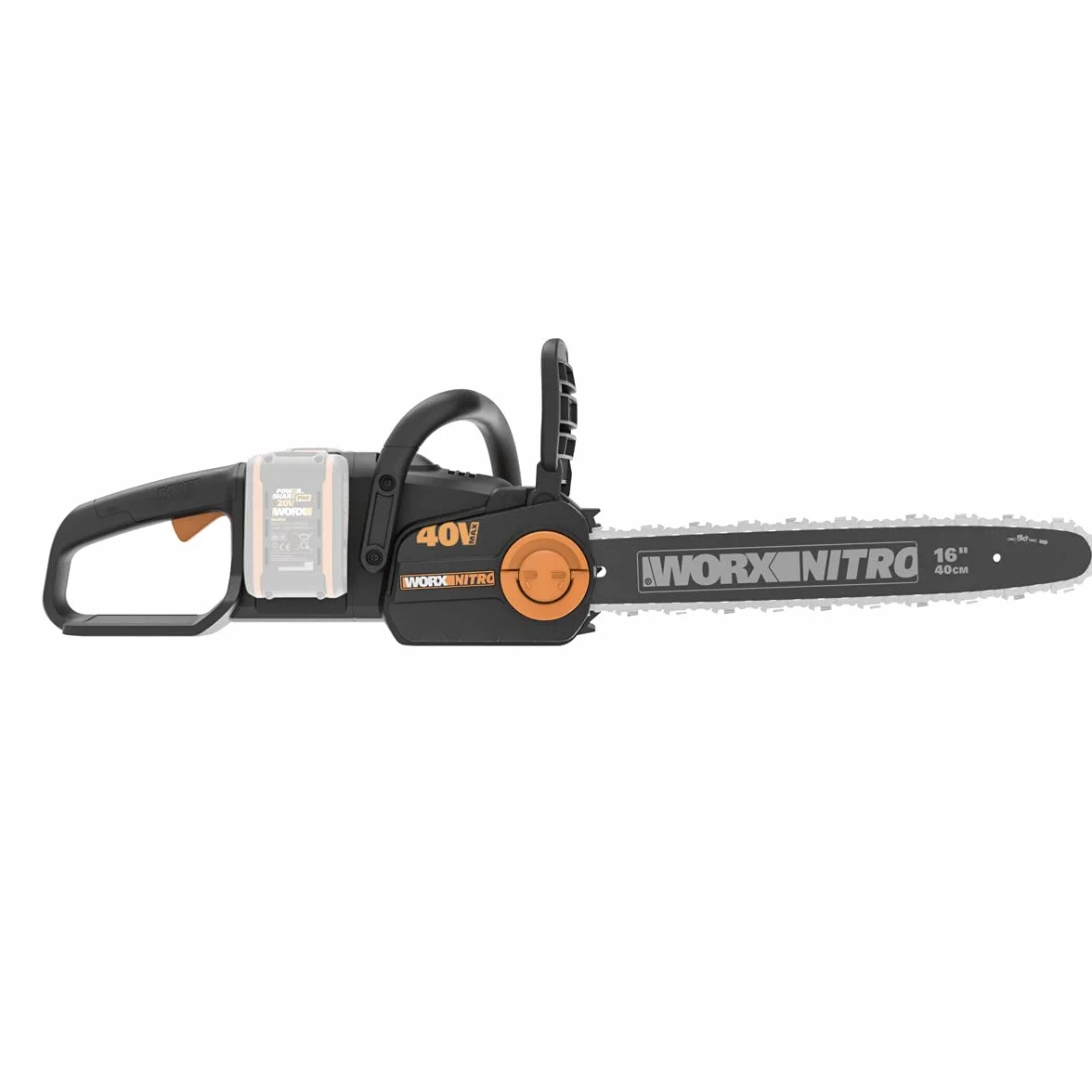 WORX Piła łańcuchowa Nitro 40V (2x20V) | PowerShare | WG385E.9 | Nie obejmuje baterii i ładowarki | Silnik bezszczotkowy | Miecz 40 cm | Hamulec łańcucha i automatyczne smarowanie