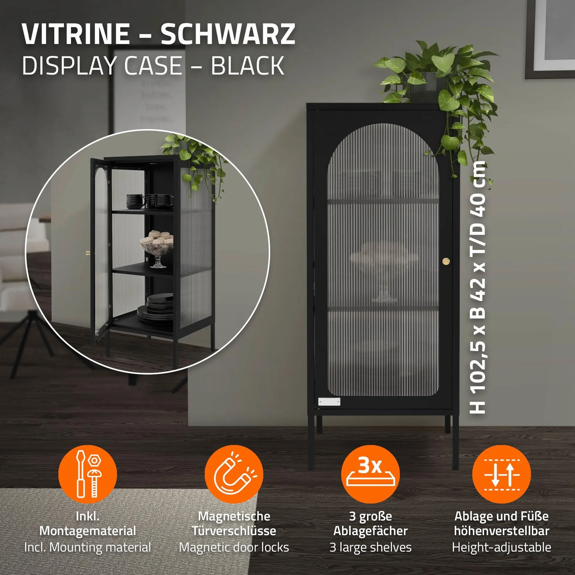 ML-Design gablota 42 x 102,5 x 40 cm czarna waska z 3 pólkami i 1 drzwiczkami metalowa industrialna Regal na dokumenty szafka biurowa wykonana z solidnej stali idealna do nowoczesnych wnetrz