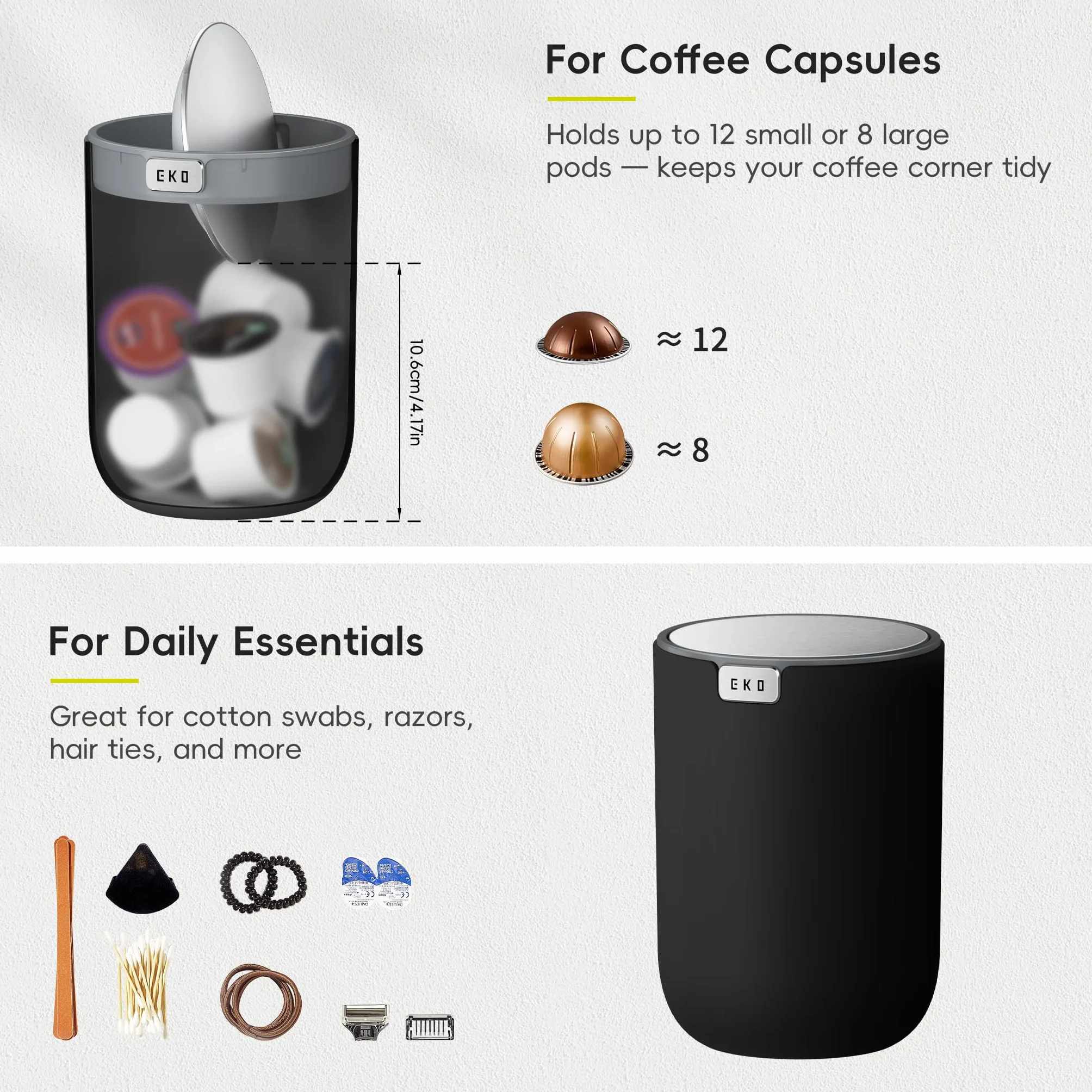 EKO Mini Desk Trash Can with Swing-Top Lid 0.4 Gallon Small Table Round Wastebasket for Office, Home, Car (Black)
