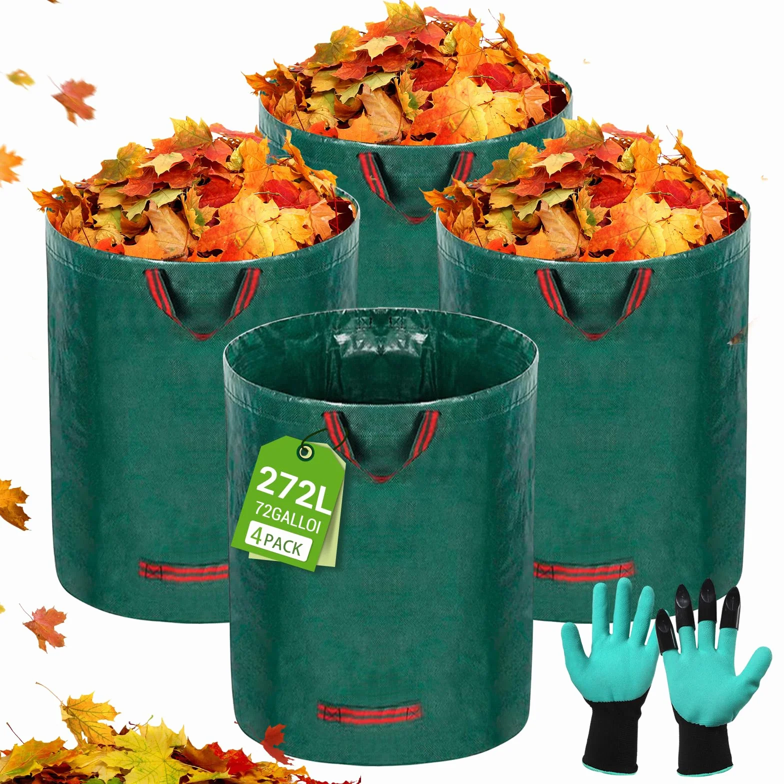 USHOP Worek Ogrodowy, 4x 272L (76x67cm) z 4 Uchwytami, Zbieracz do Liści, Wodoodporny, do Trawy, Liści, Odpadów Zielonych, Wielokrotnego Użytku (w Zestawie Rękawice)