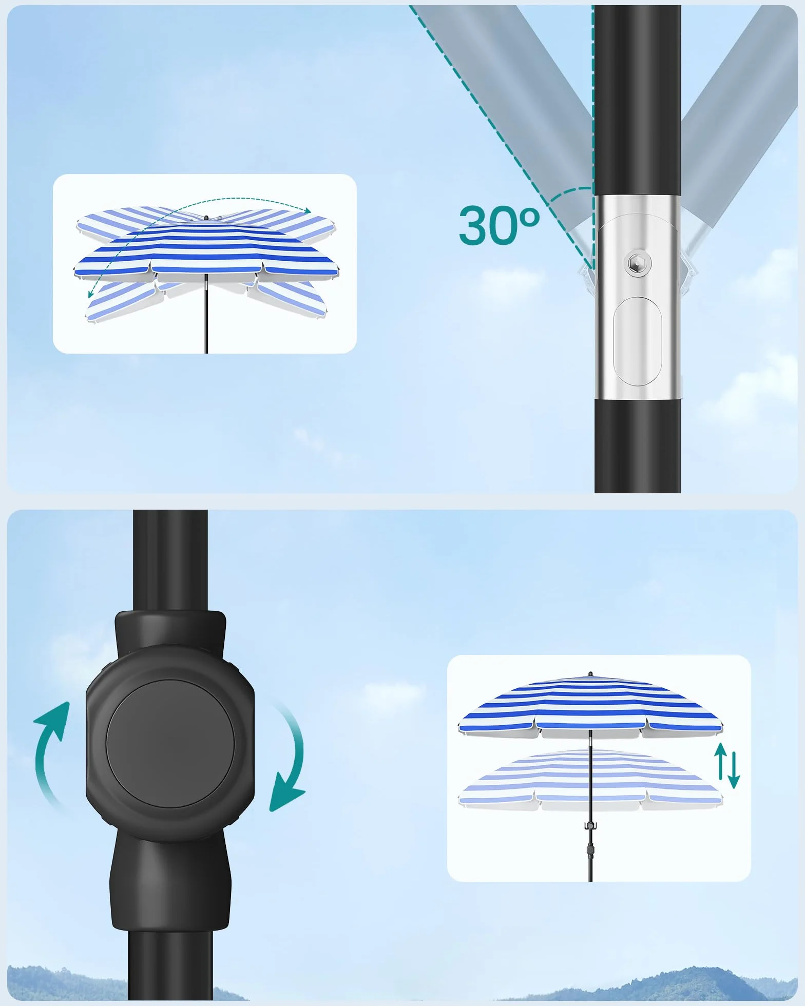 SONGMICS Parasol 160 cm, parasol plażowy, ochrona przeciwsłoneczna UPF 50+, składane boki 30°, regulacja wysokości, schowek, haczyki, nadaje się na plażę, bez stojaka, niebiesko-biały GPU0080Q02