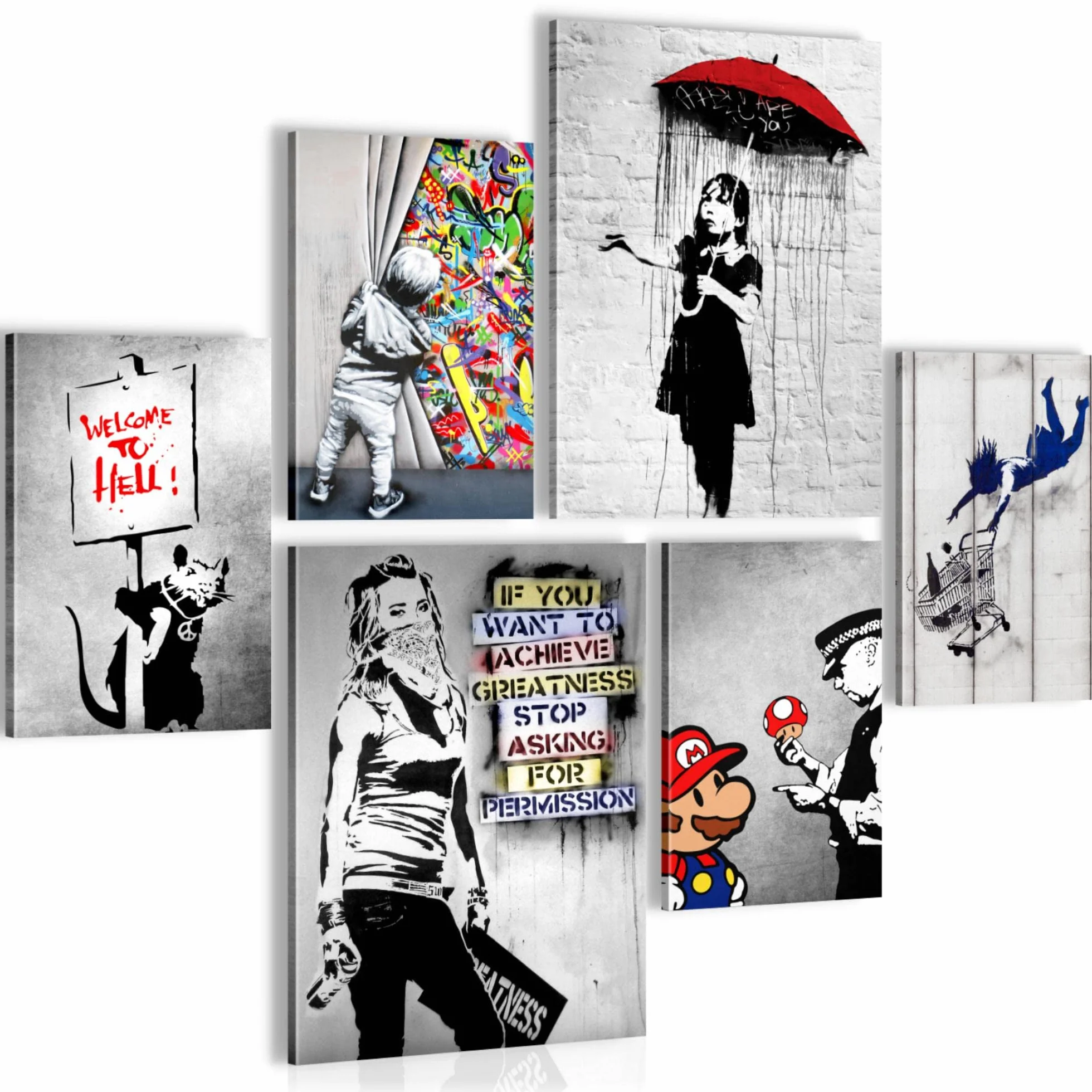 Zestaw obrazów – gotowy do zawieszenia – nie wymaga dodatkowej ramy – Banksy Collage Modern Street Art – salon, biuro N019463a