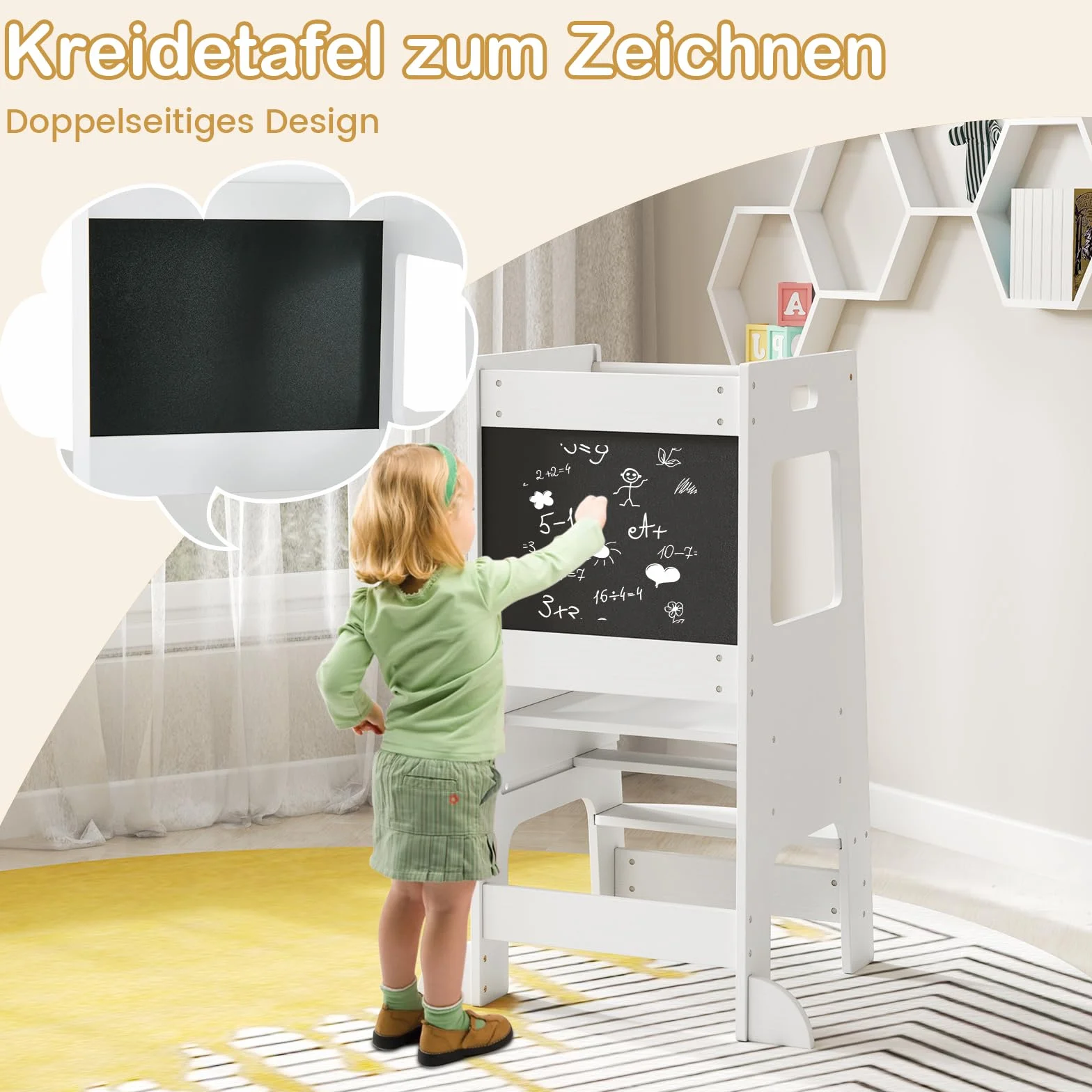 GOPLUS Drewniana wieża edukacyjna dla dzieci, 2 w 1, wieża dziecięca z tablicą do pisania kredą, balustrada bezpieczeństwa, antypoślizgowy i regulowany stopek, pomocnik kuchenny dla dzieci od 1 roku