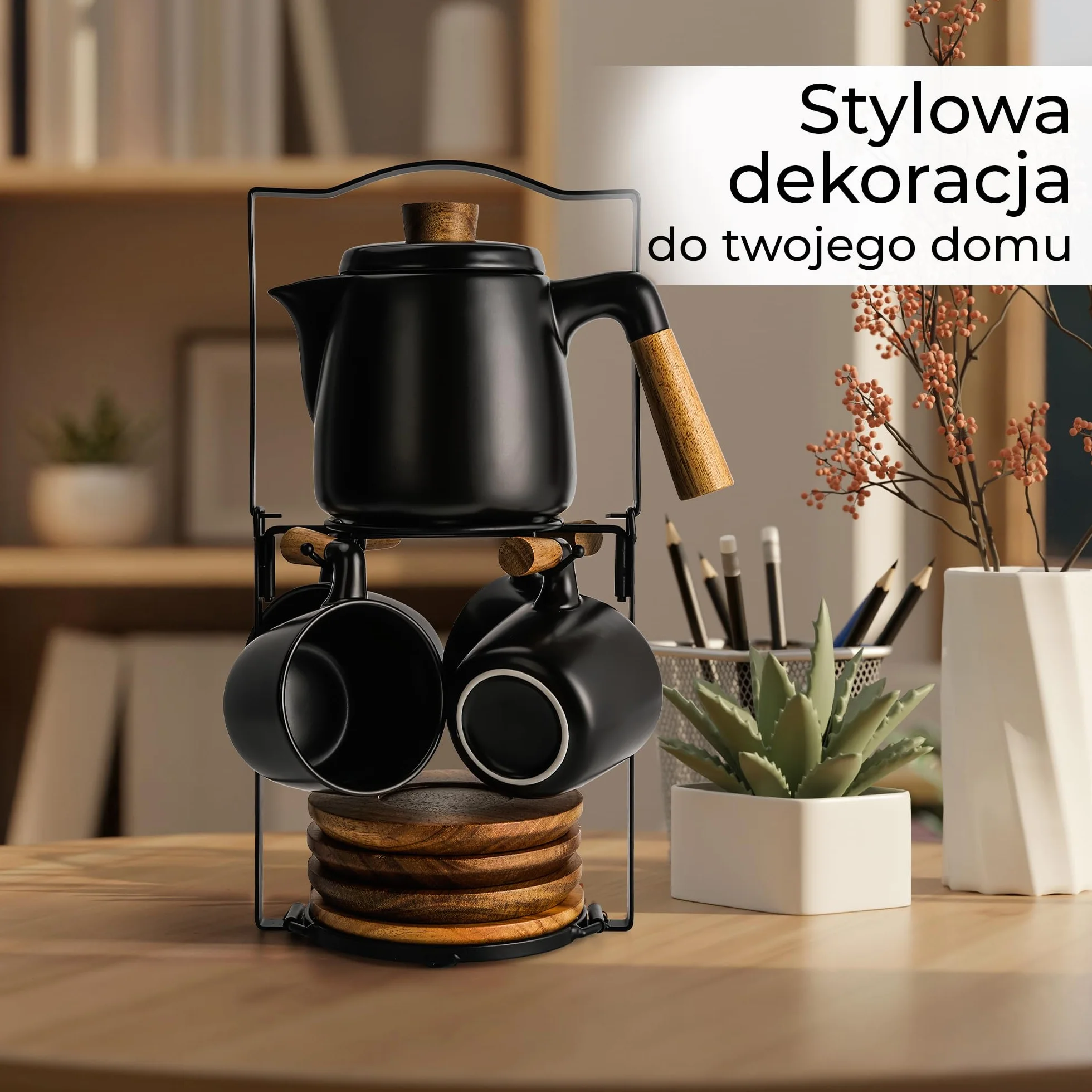 MIAMIO Ceramiczny zestaw dzbanka do herbaty 970 ml z zaparzaczem i kubkami/sitkiem do herbaty, 4 ceramiczne kubki do herbaty (293 g), bambusowe spodki/uchwyt do domu i biura (czarny)