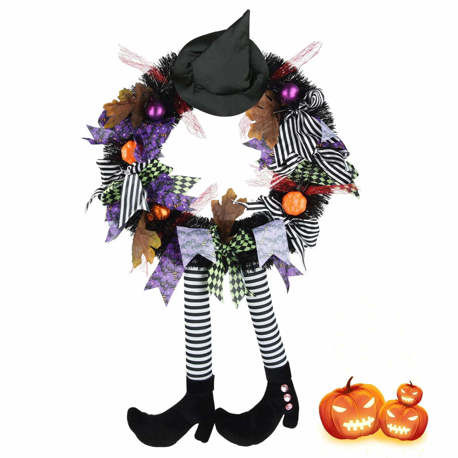 SHAVINGFUN Dekoracje Halloween, Wieniec Czarownicy, Czarny Wieniec z Kapeluszem, Czarownice, Dynia, Do Wewnątrz i Zewnątrz, Do Domu