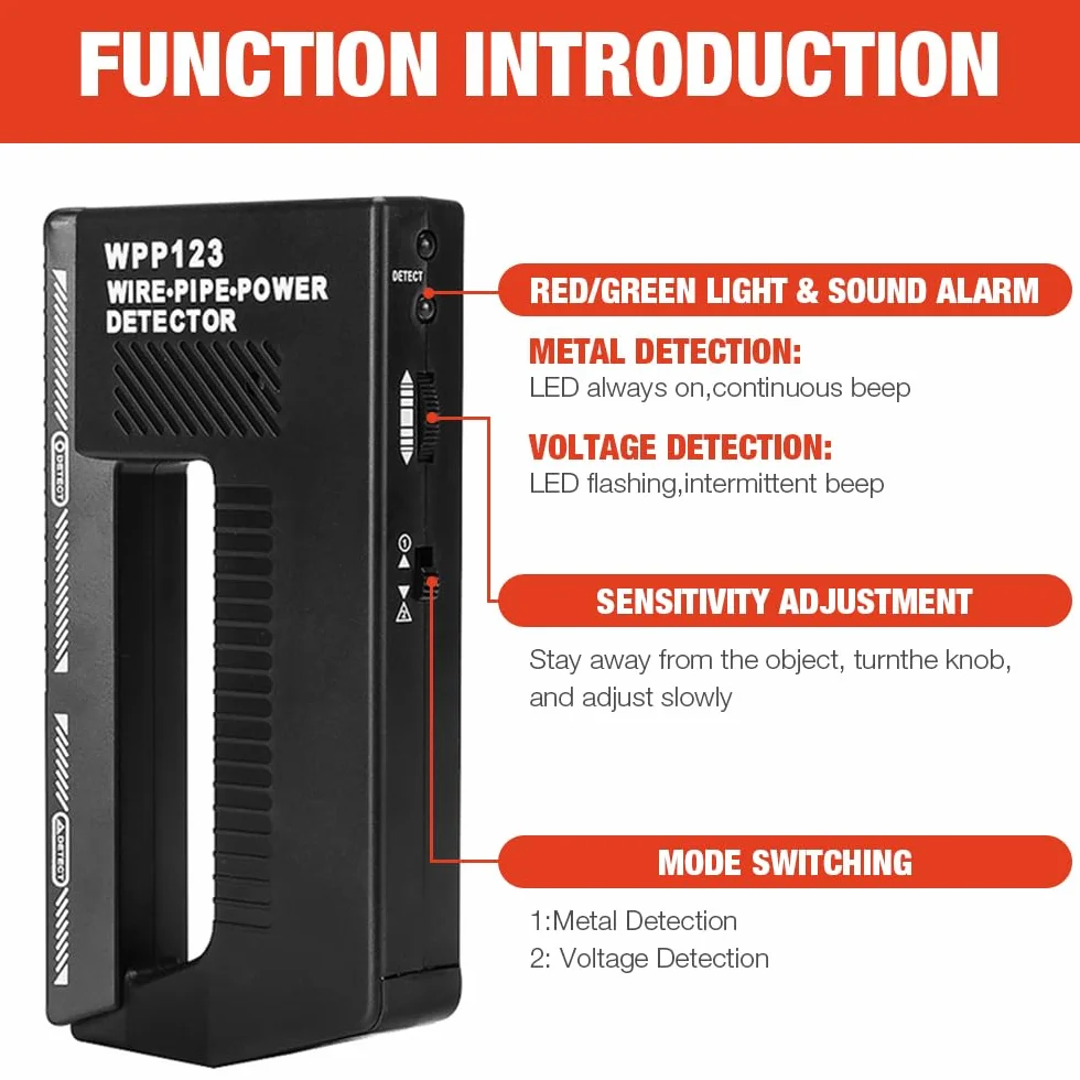 Wpp123 wykrywacz metali, mały Pinpointer wykrywacz metalu na ścianie, wielofunkcyjny wykrywacz metali, wysoki regulowany wykrywacz drutu elektrycznego
