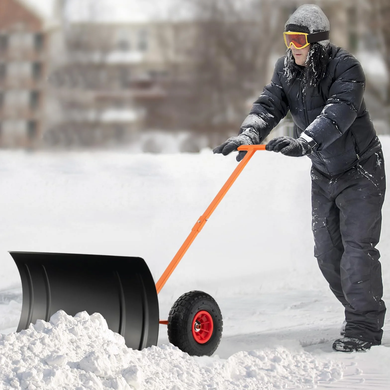COSTWAY Łopata do śniegu na kółkach z regulacją wysokości, tarcza do śniegu 74 cm, szerokość robocza 49 cm, chroniąca plecy szufla do śniegu z regulowanym kątem, odśnieżarka metalowa
