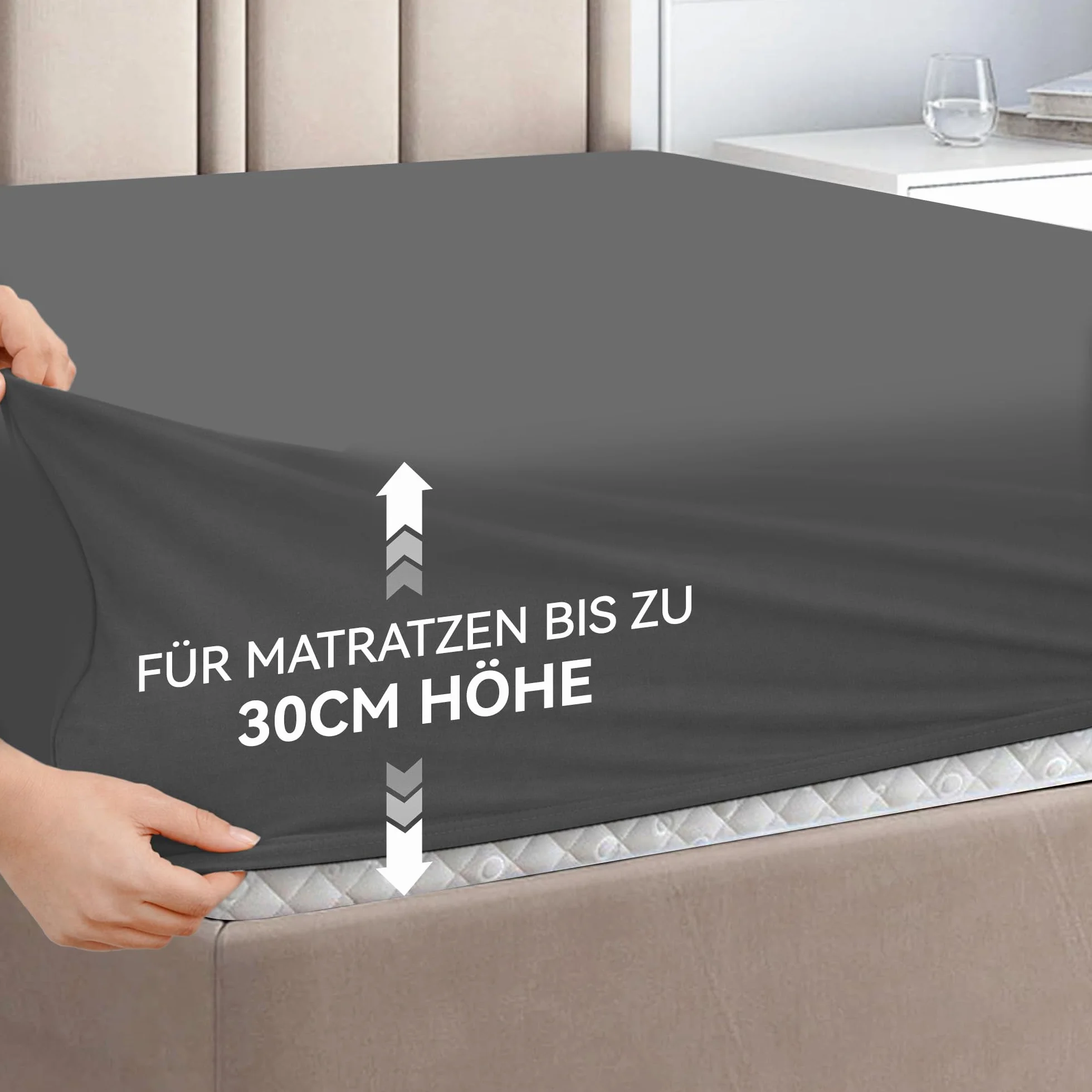 Prześcieradło z gumką – szare – prześcieradło ze szczotkowanego poliestru z mikrofibry z certyfikatem Oeko-Tex – kieszeń głęboka 30 cm
