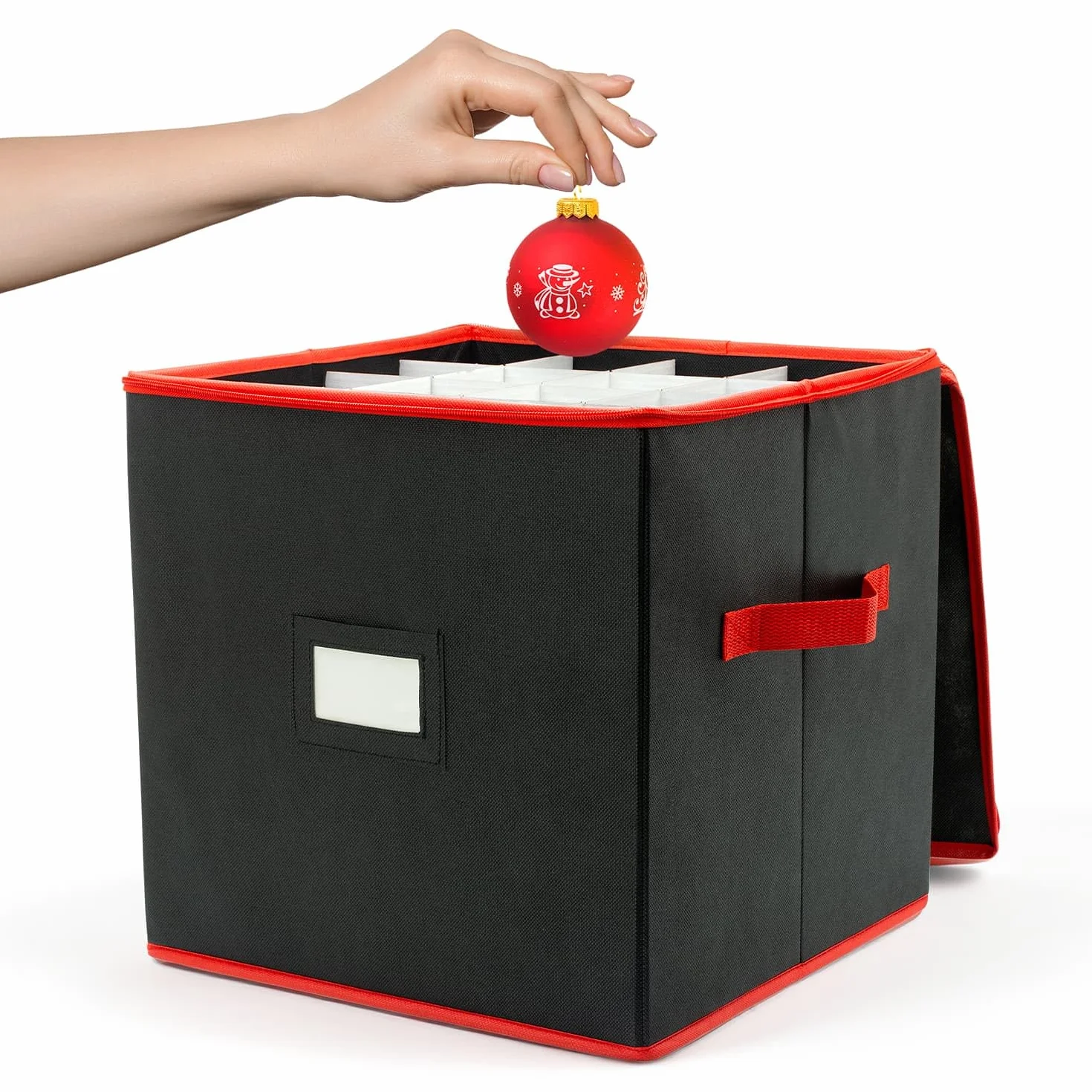 CKB LTD Czerwone i czarne pudełko do przechowywania bombek bożonarodzeniowych V2 Cube z przegródkami, do przechowywania do 64 bombek, ozdób świątecznych i dekoracji na strych, pojemnik 33 x 33 cm
