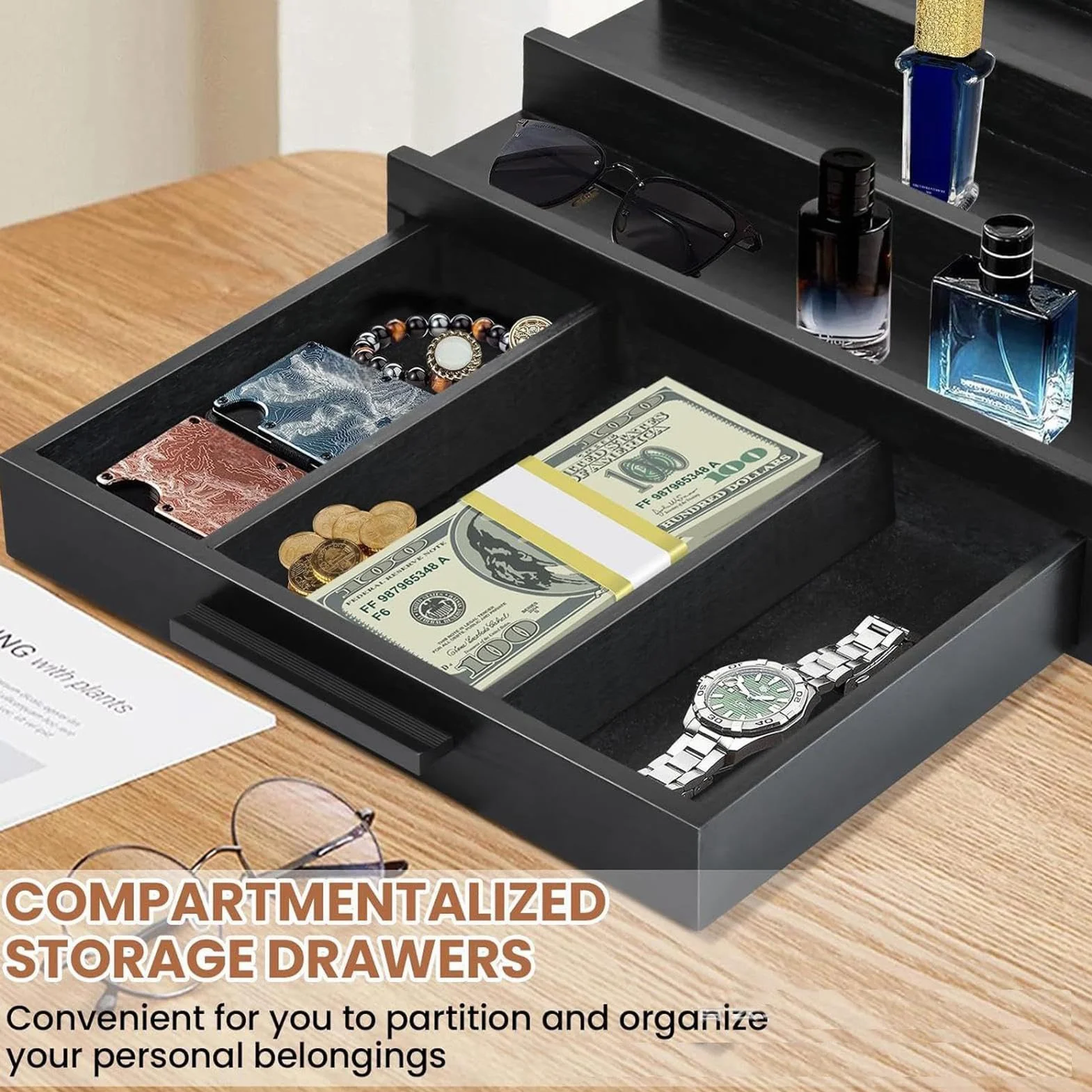 Czarny organizer na perfumy, drewniana taca na perfumy, stojak na perfumy, męski stojak na perfumy, stylowy organizer do komody, elegancka taca z czarnym wykończeniem, wielofunkcyjna taca na perfumy,