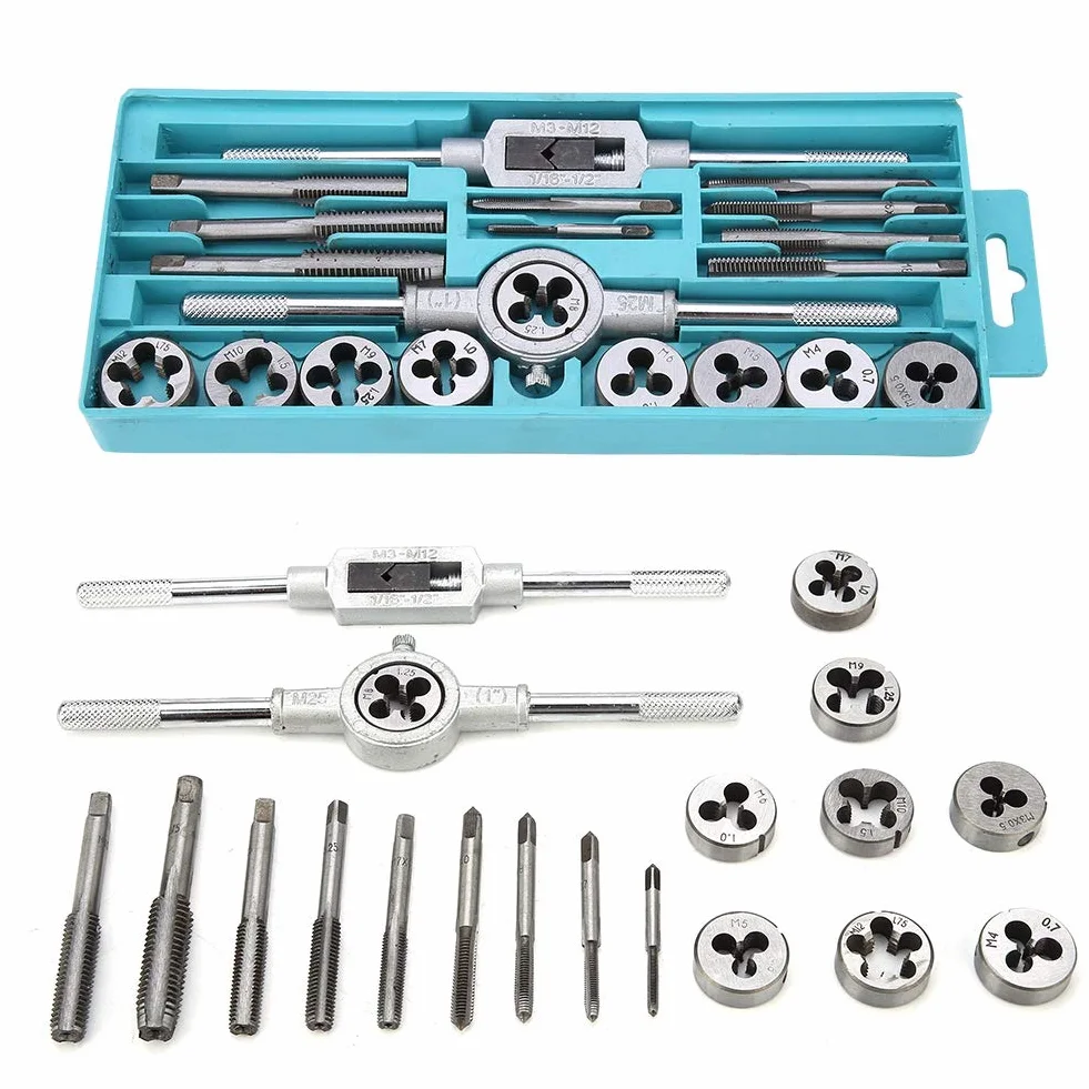 20-częściowy zestaw gwintowników, Tap and Die Set Metric M3-M12, zestaw gwintowników i narzynek z tworzywa sztucznego, zestaw z pudełkiem z tworzywa sztucznego