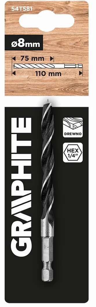 GRAPHITE Wiertło do drewna Ø 2/3/4/5/6/8/8/10 mm z trzonkiem sześciokątnym 1/4" i szlifowanymi spiralami do precyzyjnego wiercenia 2800 obr./min – stabilne mocowanie sześciokątne