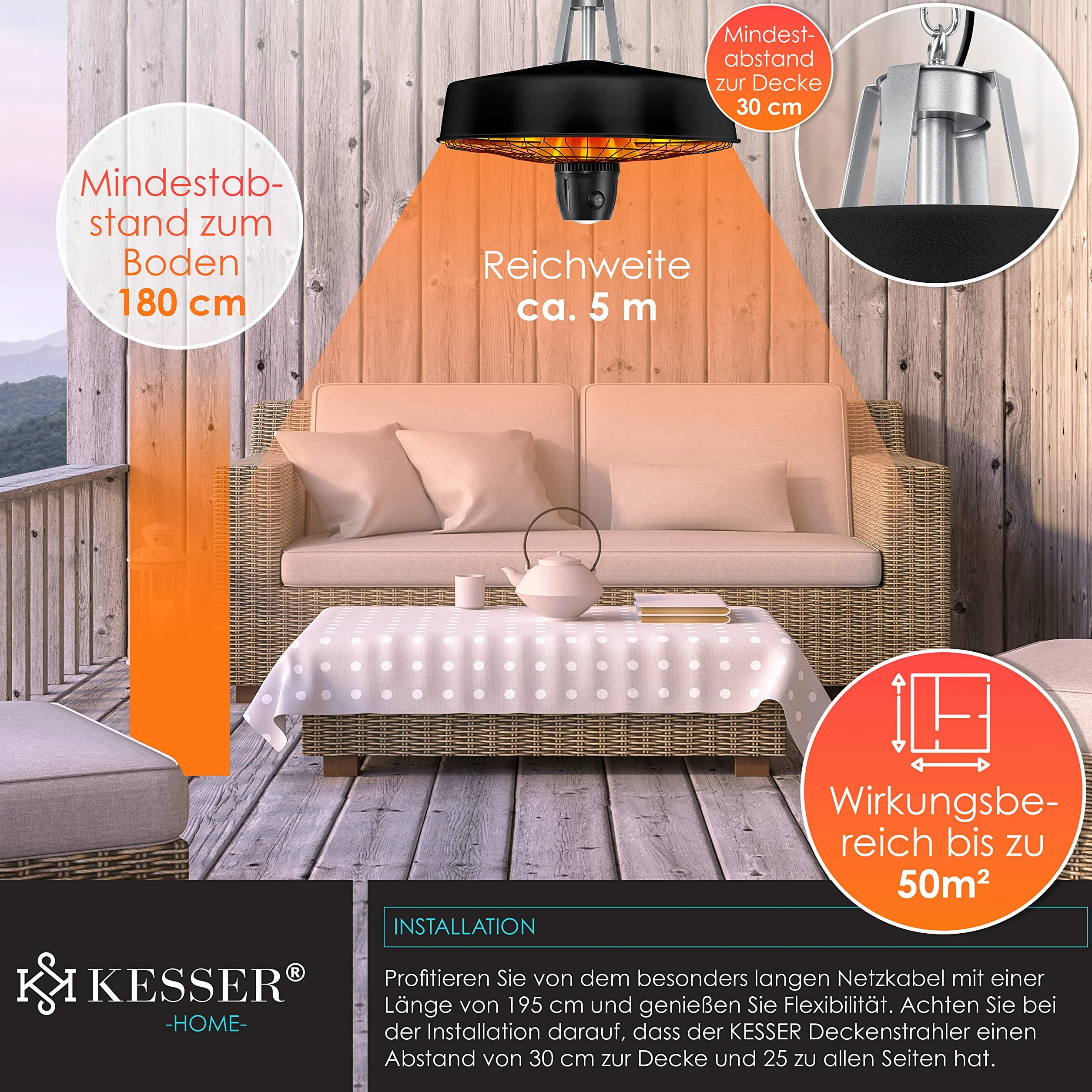 KESSER® Grzejnik sufitowy na podczerwień, 2500 W, promiennik tarasowy, z pilotem zdalnego sterowania, kwarcowy, światło LED, sufit, z łańcuszkiem i karabińczykiem, element grzejny z włókna węglowego