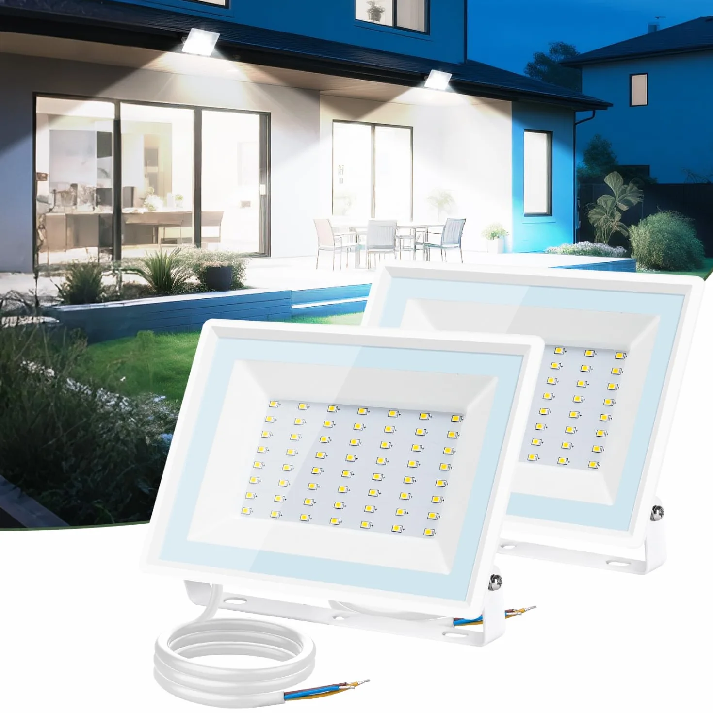 Aigostar - 50 W reflektor zewnętrzny LED, 4300 lm reflektor LED, wodoodporna lampa zabezpieczająca IP65, oświetlenie zewnętrzne 6500 K, do ogrodu, na patio, do garażu itp, opakowanie 2 szt