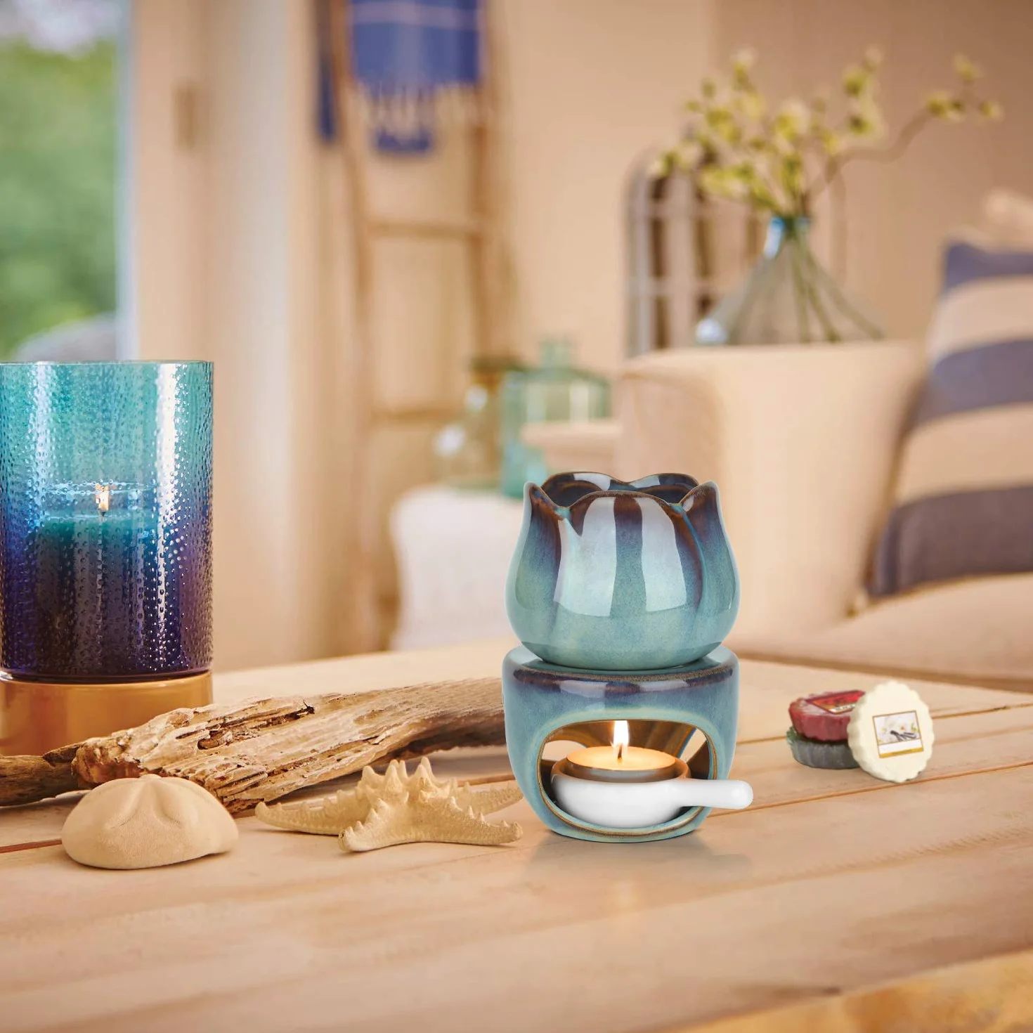 ComSaf Palnik olejków eterycznych z łyżeczką do podgrzewania, zdejmowany palnik do aromaterapii, niebieski, ceramiczny dyfuzor zapachowy, podgrzewacz do świec, podgrzewacz do domu, sypialni, dekoracja