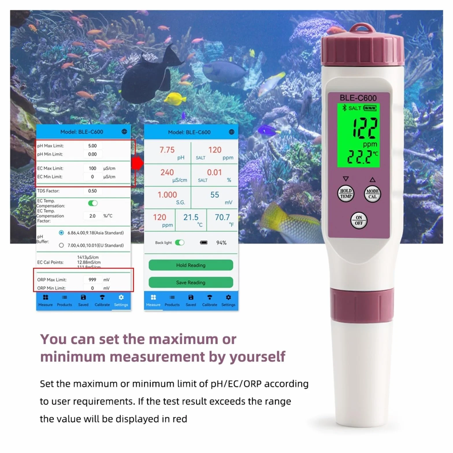 BLE-C600 Pióro Jakości Wody Kompatybilne Z Bluetooth 7 W 1 PH EC TDS ORP SALT SG Miernik Temperatury Aplikacja Inteligentny Tester Kontroli DokłAdny Pomiar