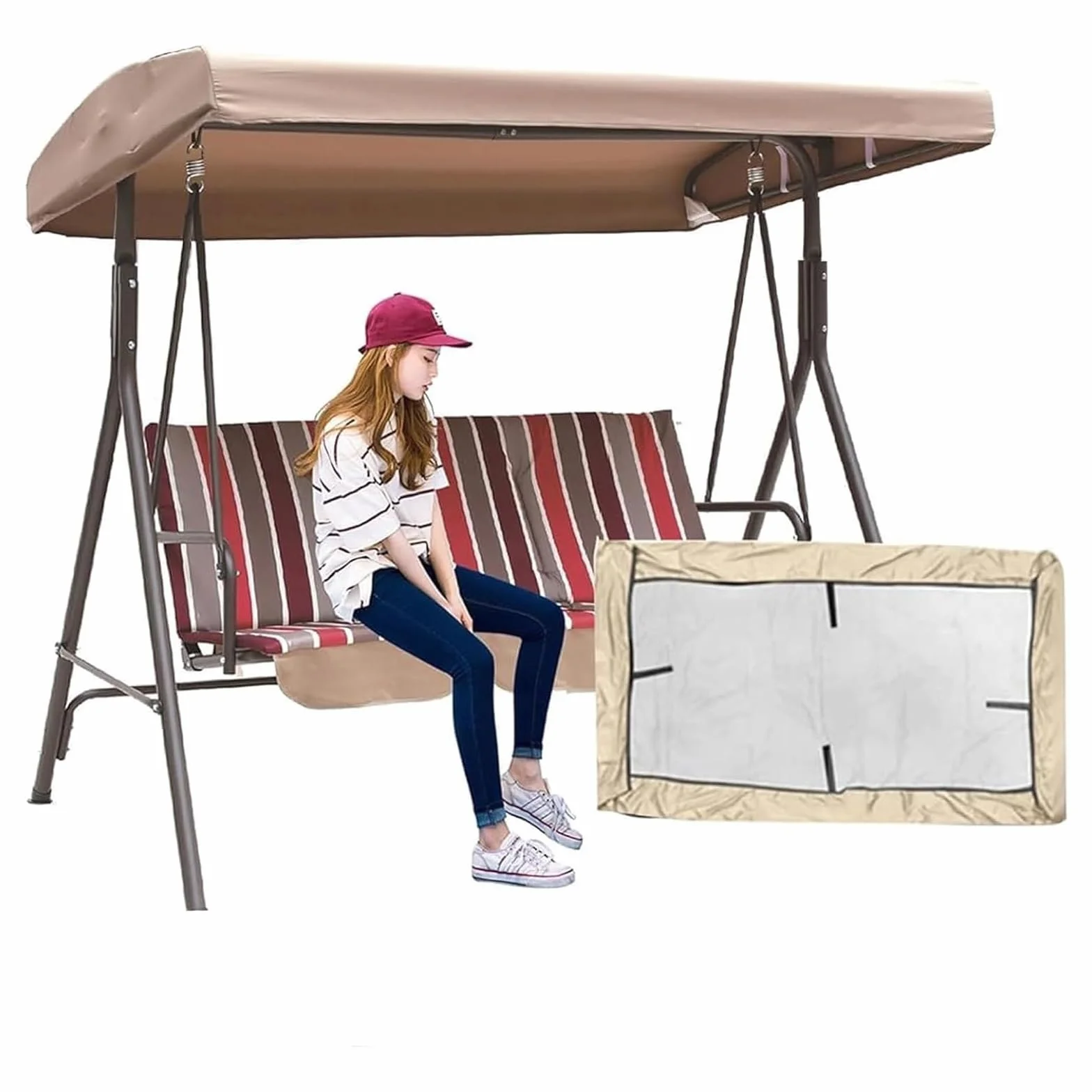 Swing Canopy Replacement Cover 3 Seater - Waterproof Top Cover For Patio Garden Porch Swings - Patio Canopy Replacement(Beige)