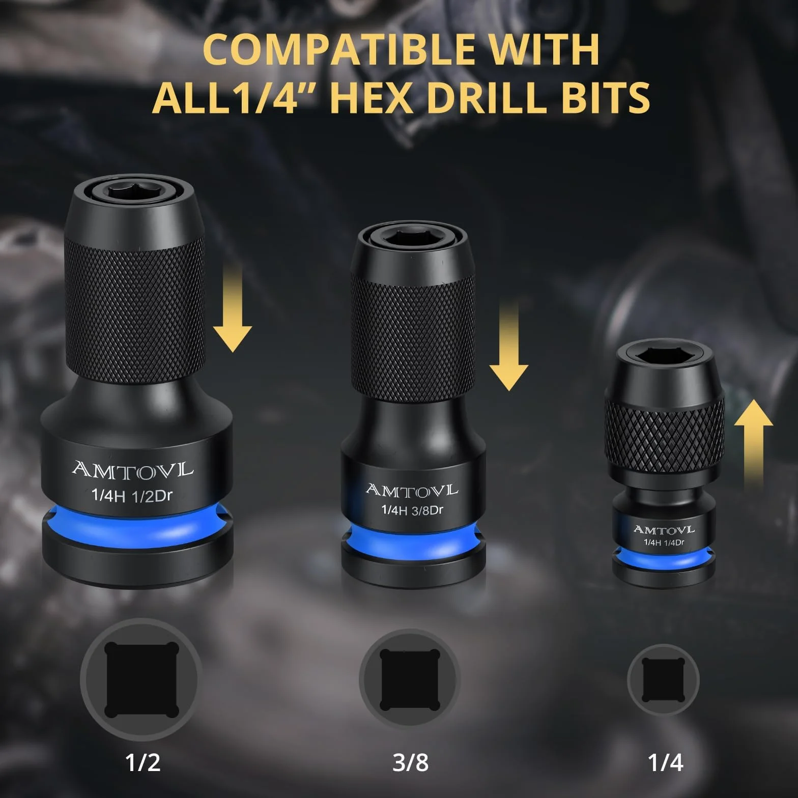 AMTOVL 3 szt. Kwadratowe adaptery do 1/4" sześciokątne 1/4", 3/8", 1/2" materiał 42CRMO Quick Release adaptery nasadowe z napędowym drążkiem adaptera konwerter sześciokątny - niebieski
