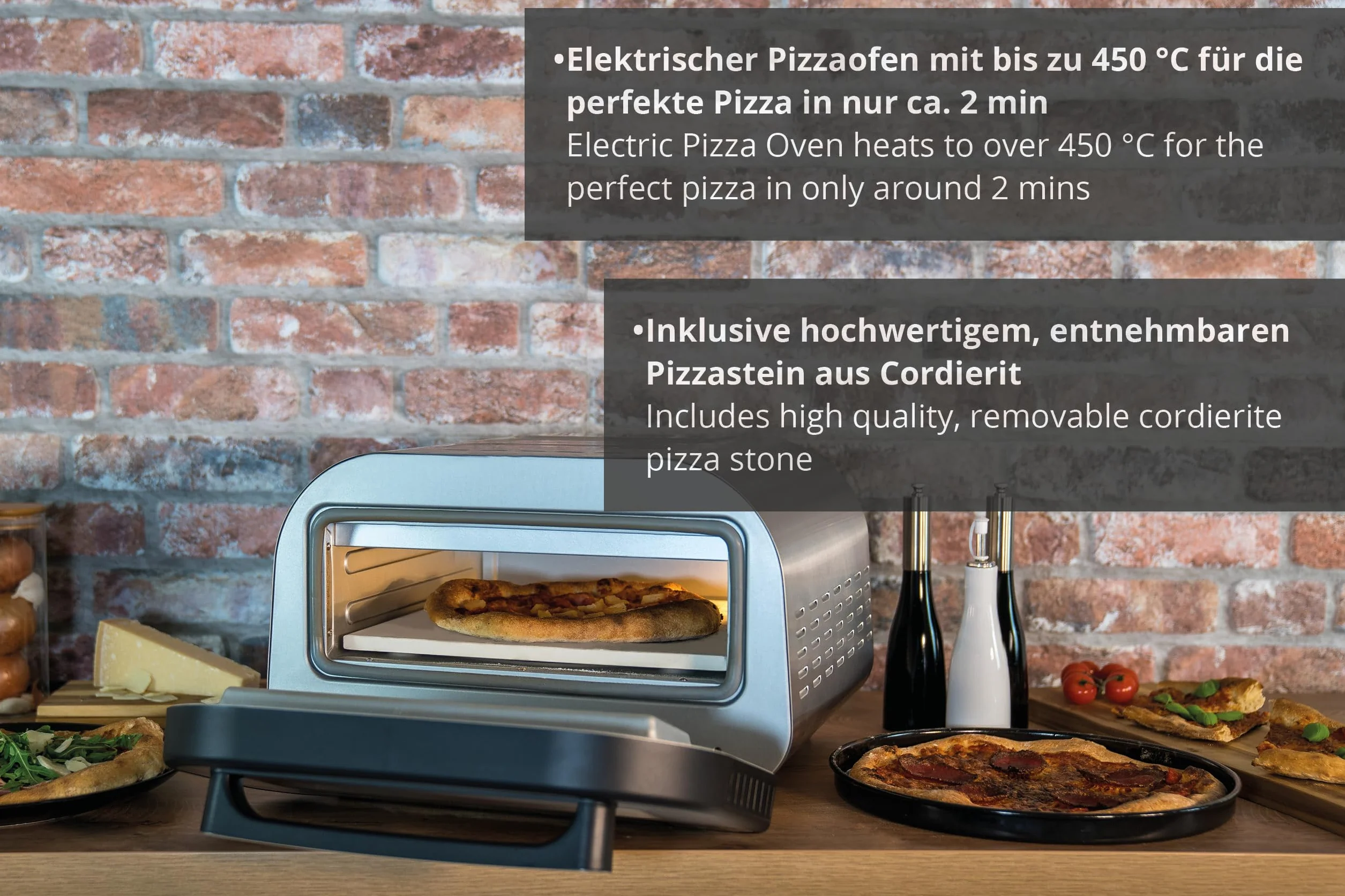 Unold Piec do pizzy LUIGI 68816 | Elektryczny piec do pizzy ze stali nierdzewnej o temperaturze do 400°C, czas pieczenia tylko ok. 2 minut, łącznie z kamieniem do pizzy z kordierytu, energooszczędny,