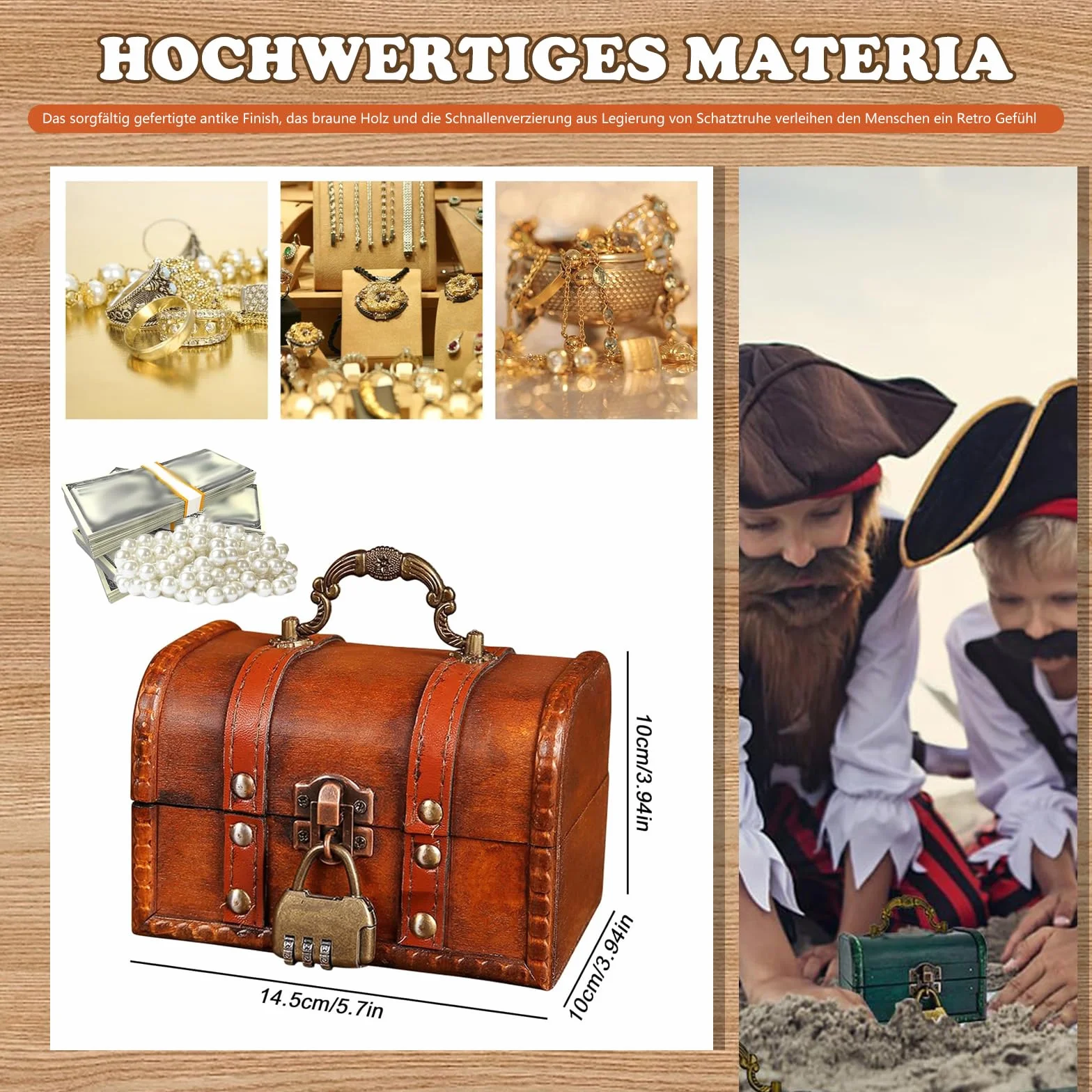 Drewniana skrzynia na skarby w stylu vintage, mała skrzynka z zamkiem szyfrowym, retro, do przechowywania i dekoracji (brązowa)