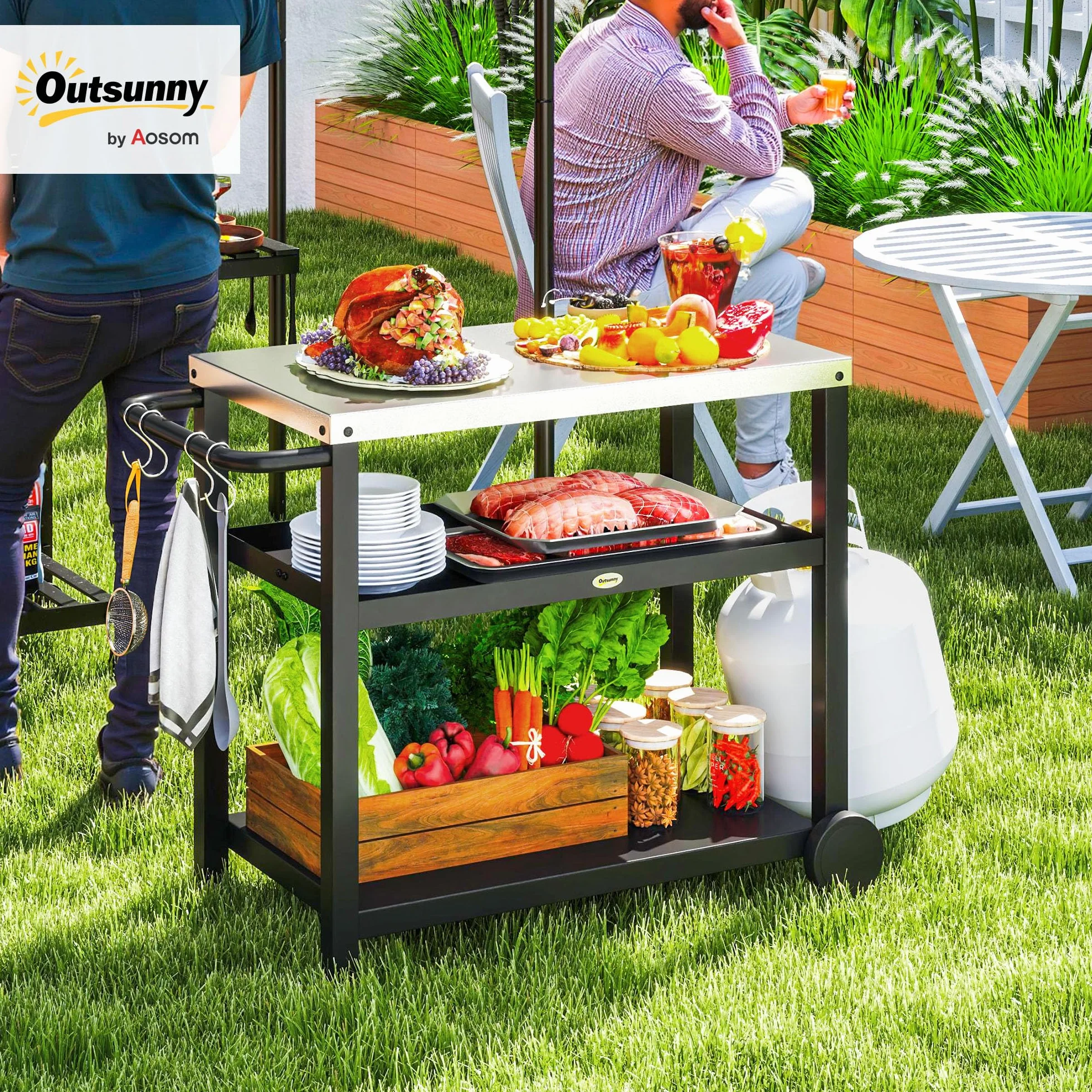 Outsunny Grill na kółkach, 3-poziomowy, wózek do serwowania z powierzchnią roboczą, półkami, hakami, kółkami, stal nierdzewna, stolik do grilla, stolik pomocniczy, wózek na kółkach do użytku na