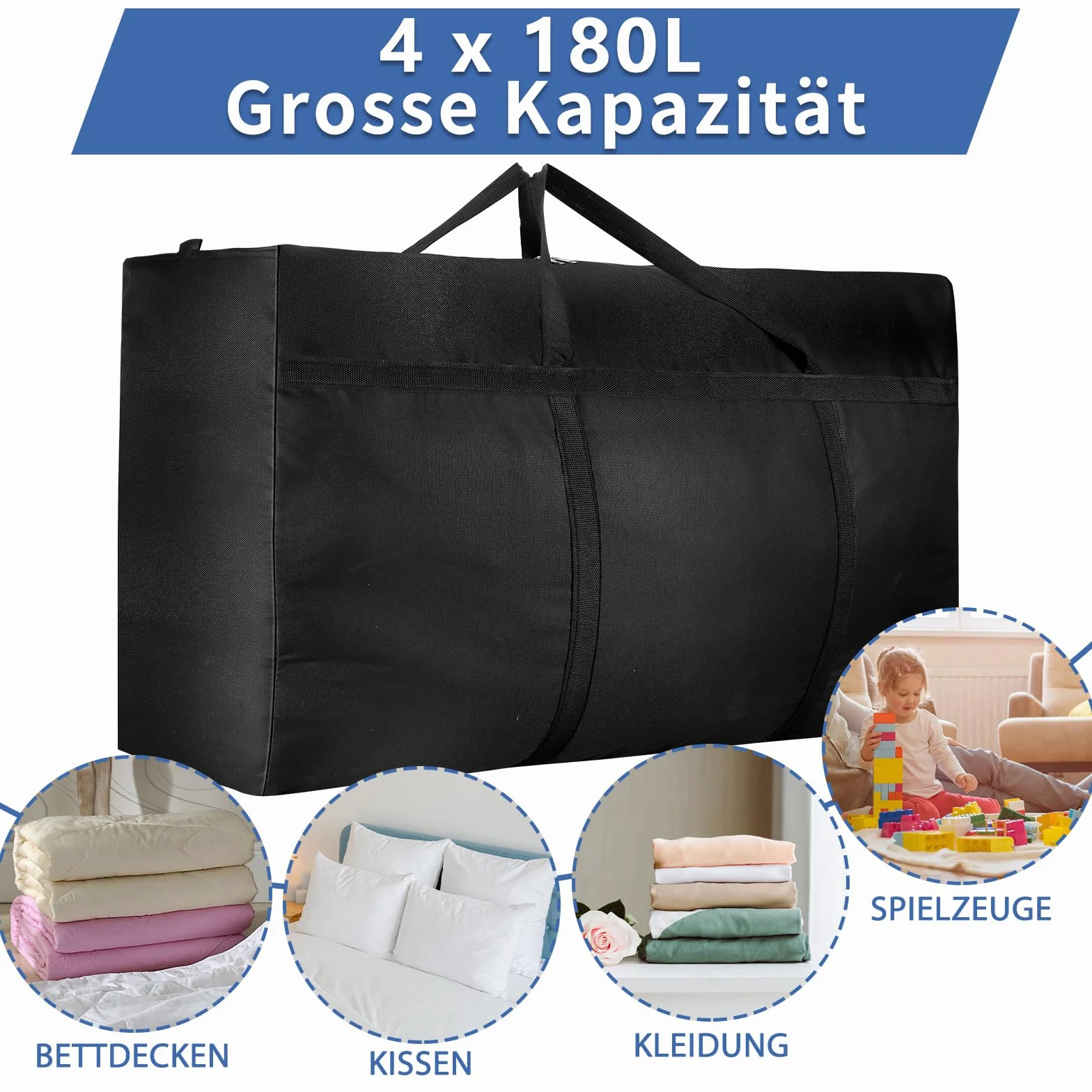 Dntorx 4 sztuki bardzo dużych toreb do przechowywania, 180 l, Oxford Heavy-Duty, z uchwytem na zamek błyskawiczny, wodoszczelna torba do przenoszenia, na kołdrę, ubrania, pościel
