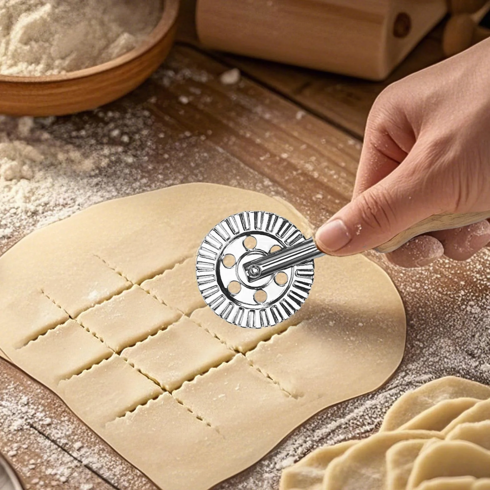 4 sztuki foremek do ravioli, kółka do pierogów, lasagne i ciastek, forma do makaronu z drewnianym uchwytem i rowkowaną krawędzią
