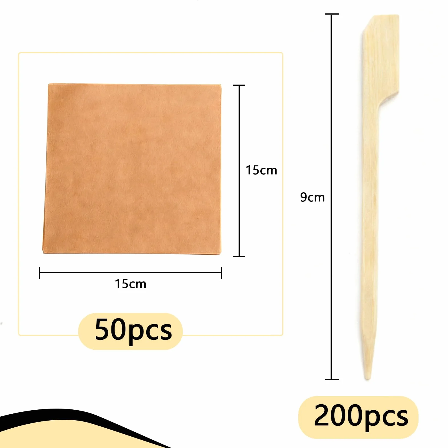 TNSLAND 200 szt. bambusowych szaszłyków 9 cm + 50 papierów absorbujących olej, szaszłyki do przekąsek, szaszłyków koktajlowych do przystawek, szaszłyków owocowych, szaszłyków do hamburgerów, na