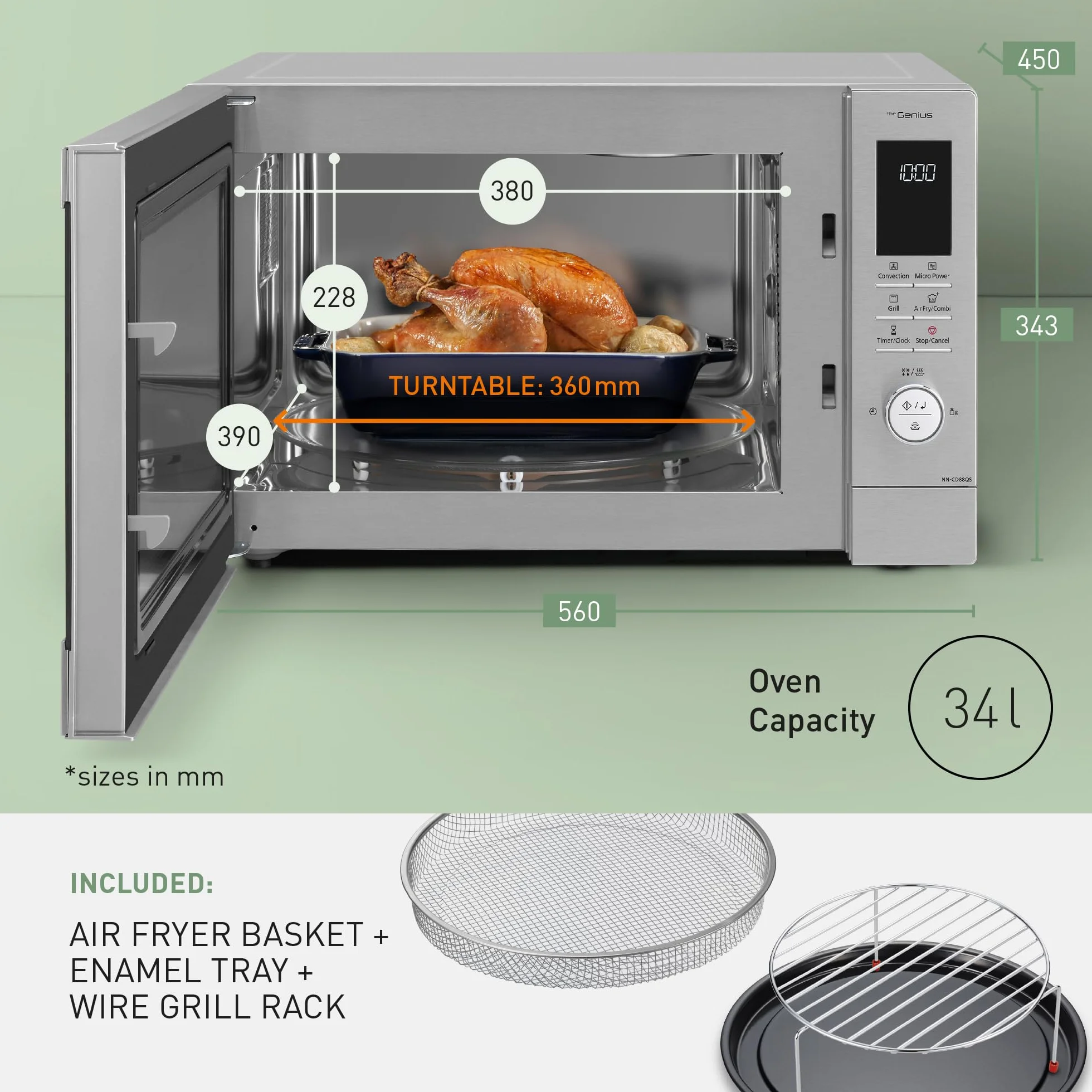 Panasonic NN-CD88QSEPG 34L Air Fryer kuchenka mikrofalowa kombi z grillem kwarcowym, 1000 W, automatyczne rozmrażanie, czujnik Genius, stal nierdzewna, srebrna