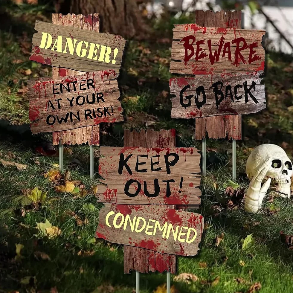 Tabliczki ostrzegawcze na Halloween, 3 sztuki, dekoracja na Halloween, dekoracja z horroru, Helloween, na imprezę, do użytku na zewnątrz, zestaw dekoracyjny ze szpikulcami do wbijania w ziemię,