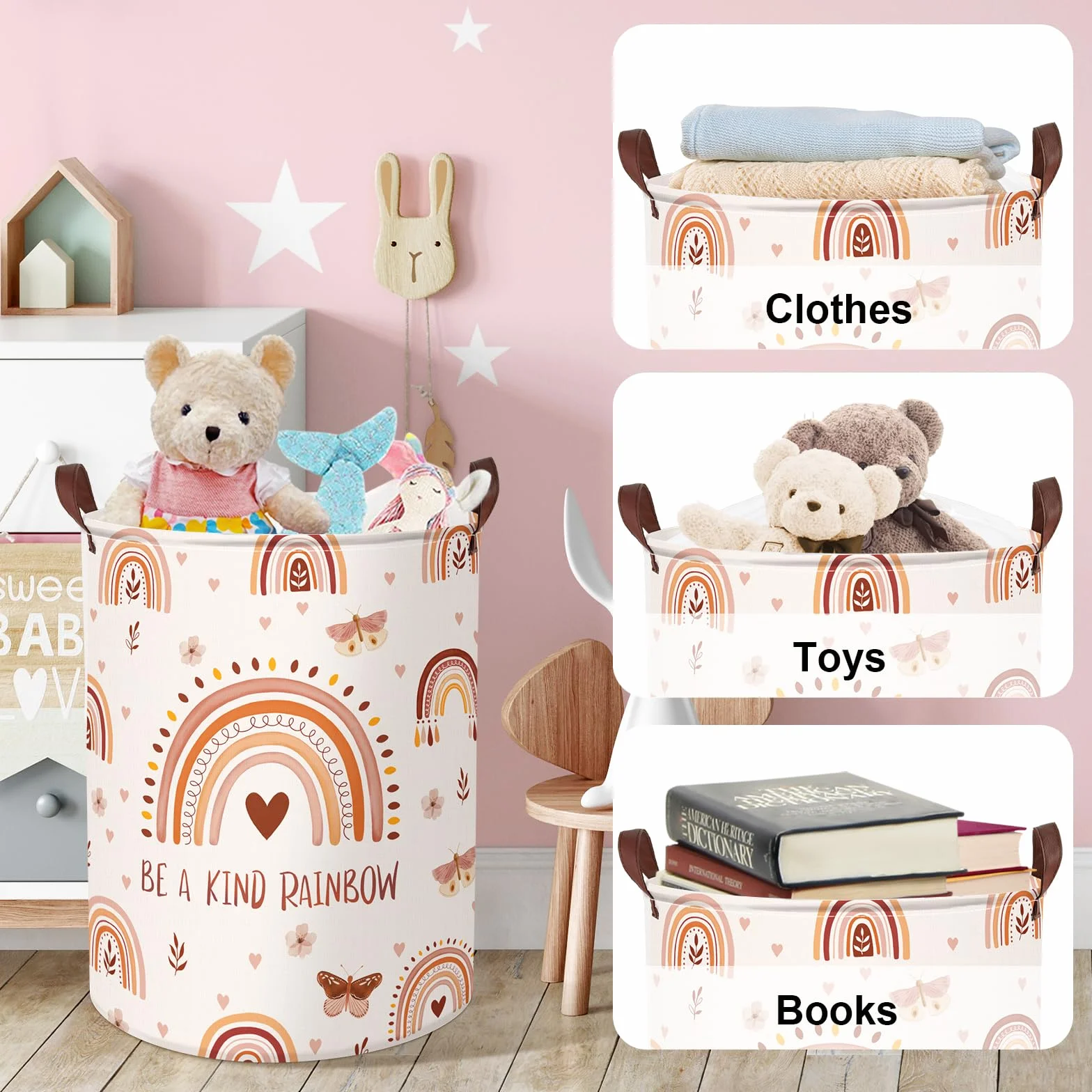 Clastyle 45L Boho Tęcza Różowy Dziecięcy Kosz na Pranie Butterfly Flowers Kids Laundry Basket Leaves Heart Clothes Toy Storage Basket For Bedroom, 36×45 cm