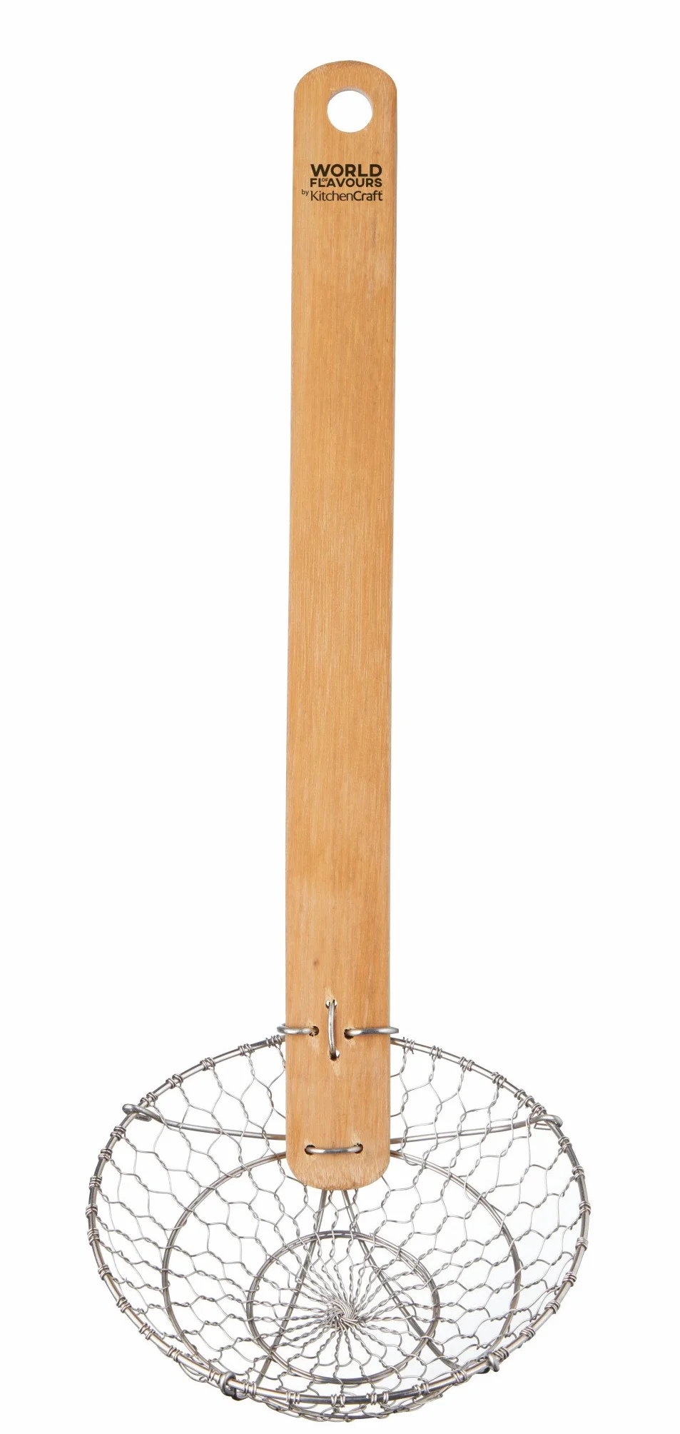 KitchenCraft Cedzak ze Stali Nierdzewnej World of Flavours, Chińska Tradycja, Bambusowa Rączka, 33 cm – Kolor Srebrny/Brązowy