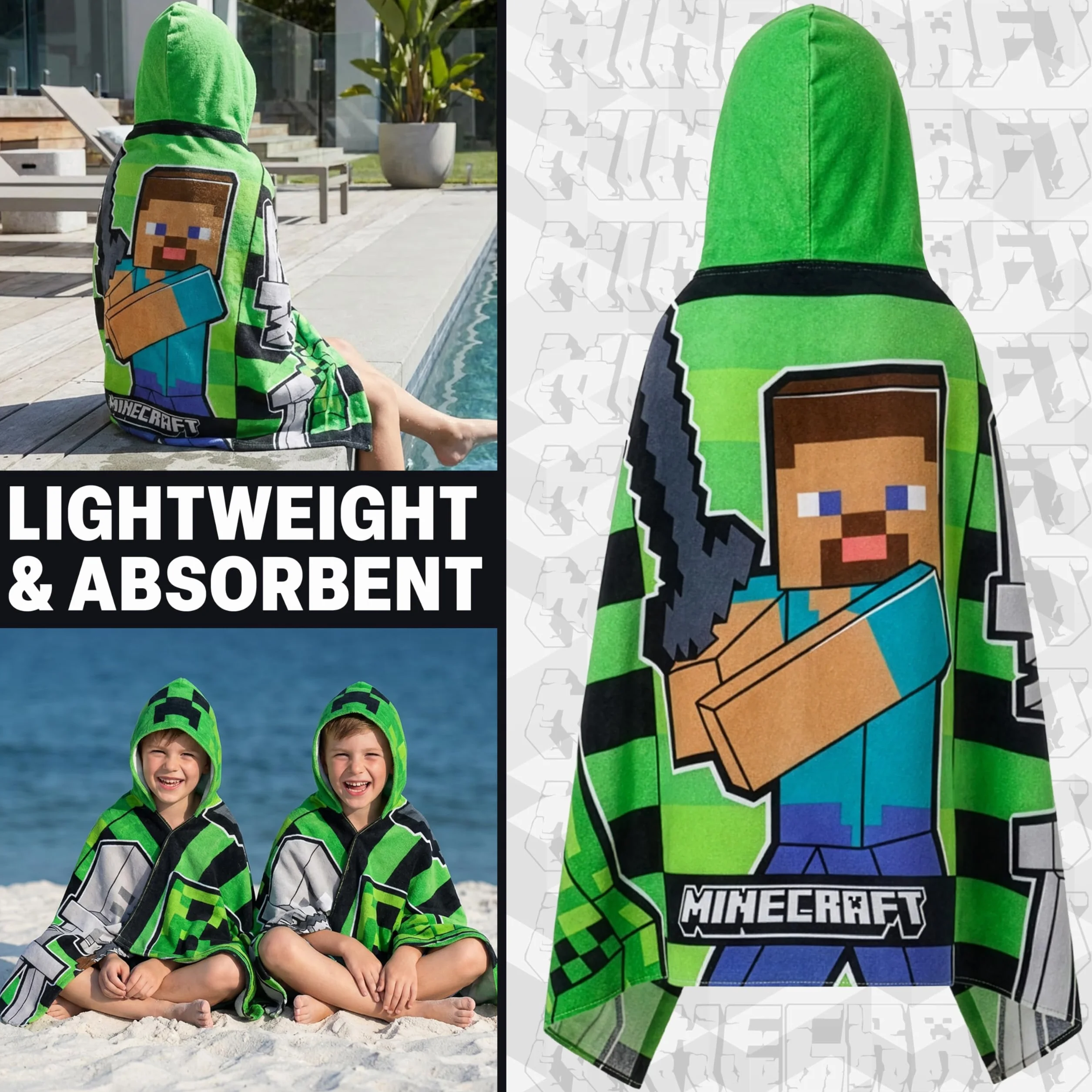Minecraft Ręcznikowe ponczo dziecięce nastolatki ręczniki kąpielowe z kapturem chłonny ręcznik plażowy (zielony/czarny, 6-14 lat)