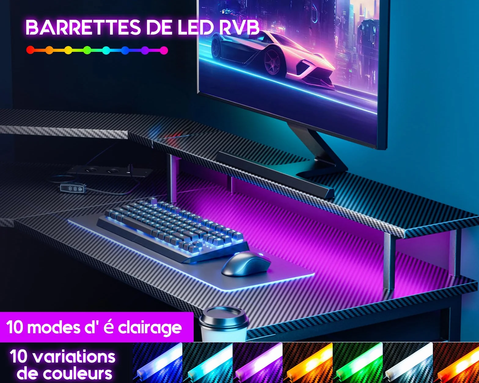 ODK Biurko gamingowy z diodami LED, biurko gamingowe z 2 gniazdami wtykowymi i 2 portami ładowania USB, stolik gamingowy z dużą półką na monitor, czarne włókno węglowe, 129 x 129 cm