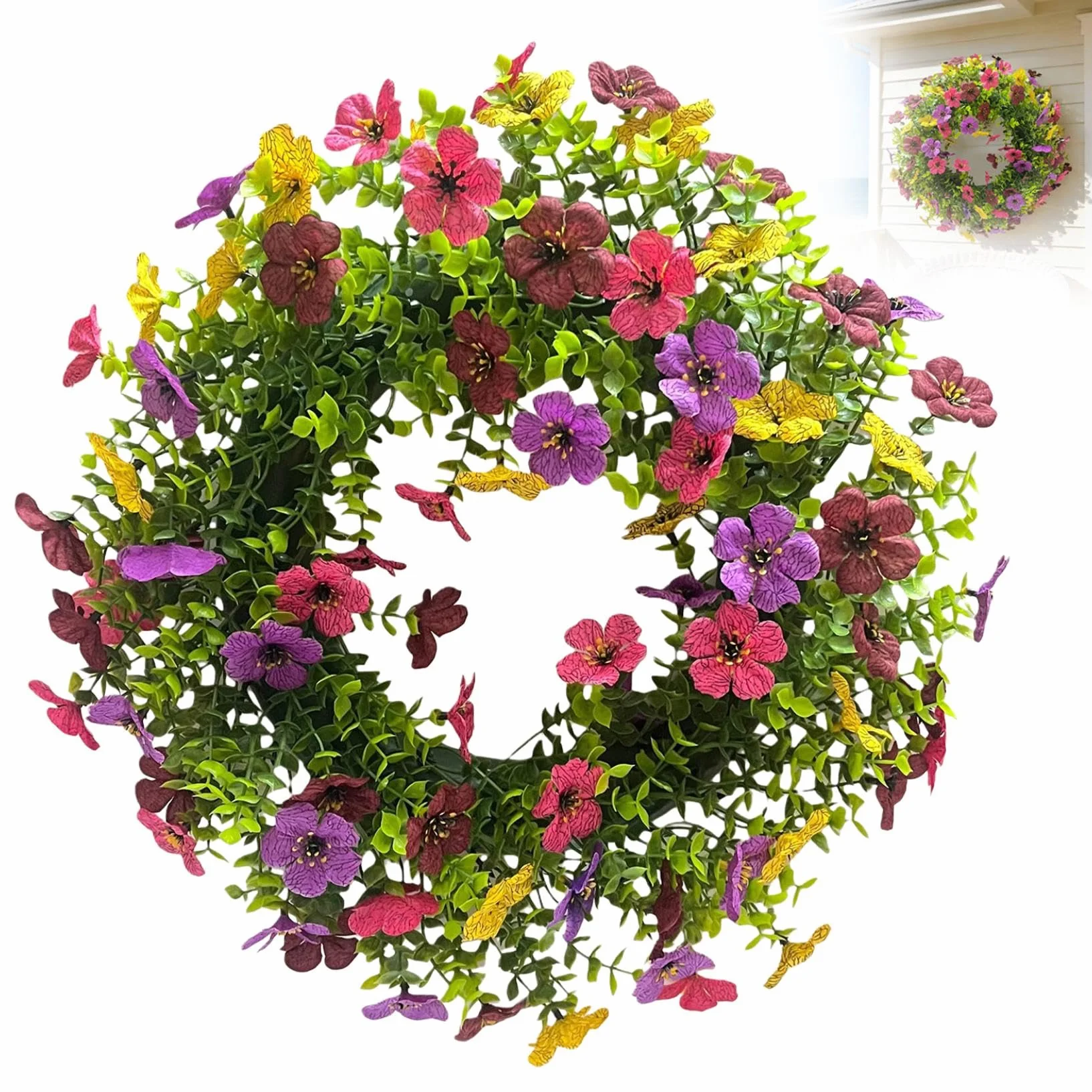 Wianek na drzwi, fiołki, wiosenny wieniec na drzwi wejściowe, sztuczne kwiaty, zielone liście, wieńce, wiosna, lato, wszystkie pory roku, wieńce na farmę, ślub, okna, dekoracje ścienne, 40 cm (zielony
