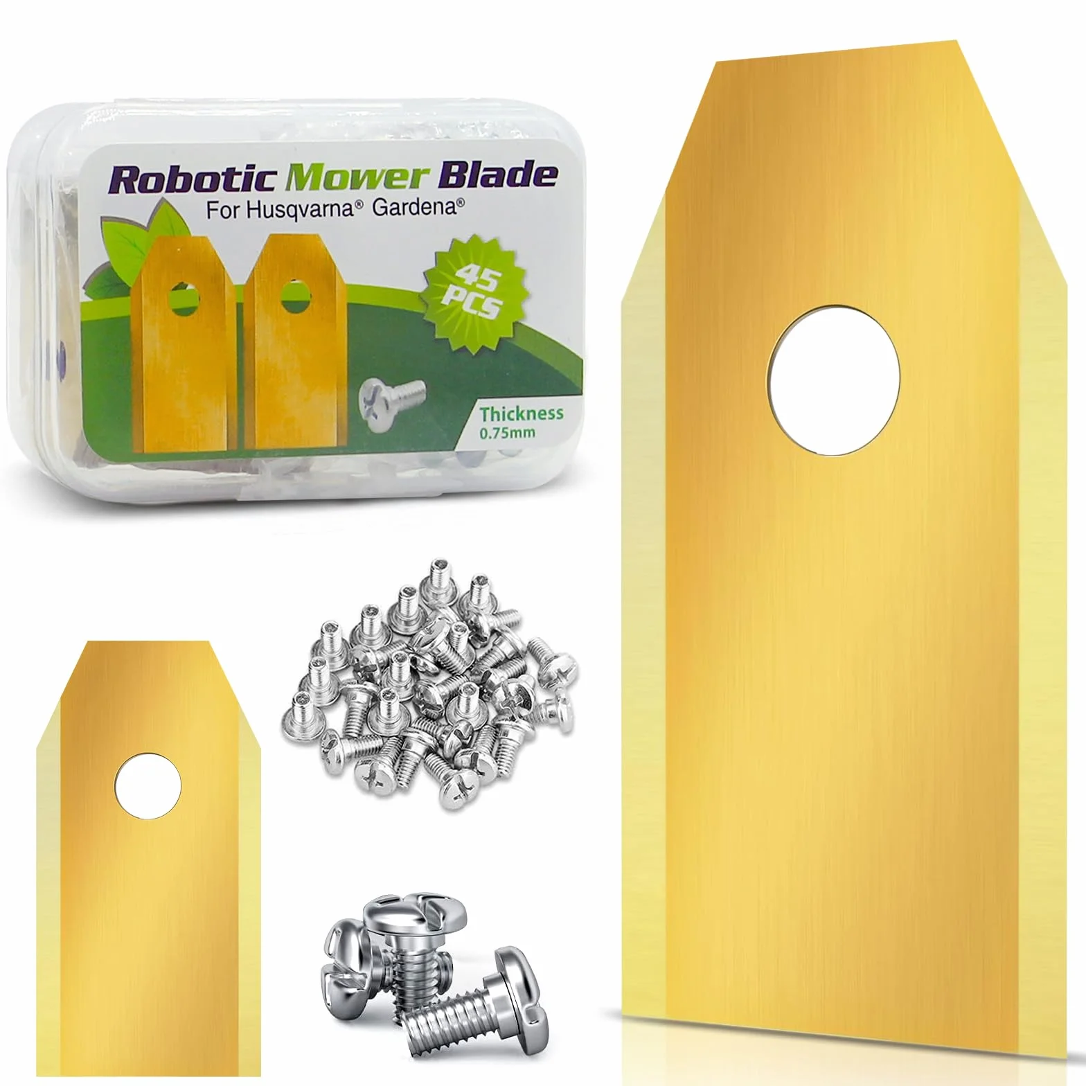 45 x tytanowy nóż zamienny do robota koszącego, ostrza kompatybilne z Husqvarna, Gardena, Yard Force (3 g – 0,75 mm) + 45 śrub